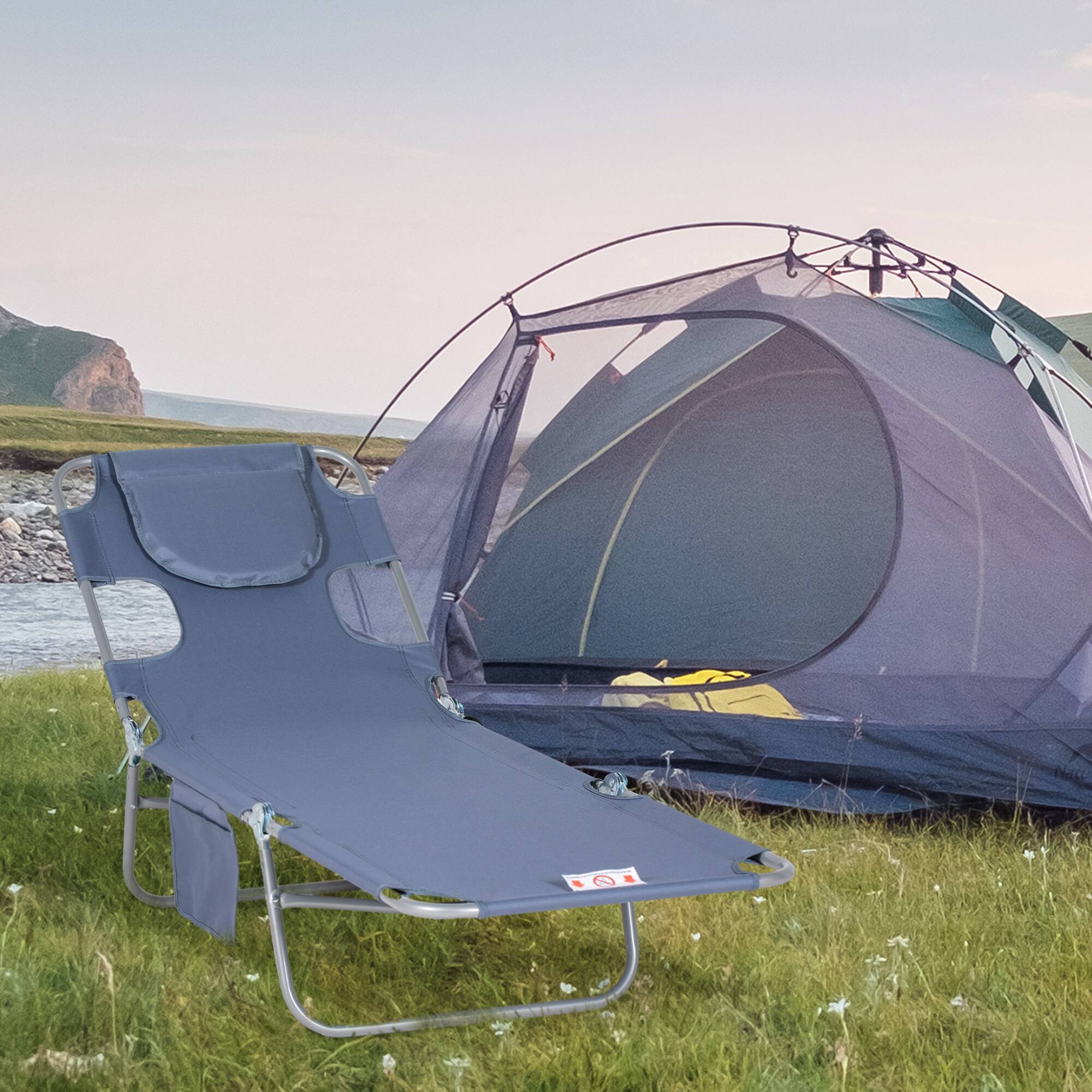 Alt View 1. Outsunny - Folding Beach Lounge Chair with Face Hole and Arm Slots, 5-level Adjustable Sun Lounger Tanning Chair - Gray.