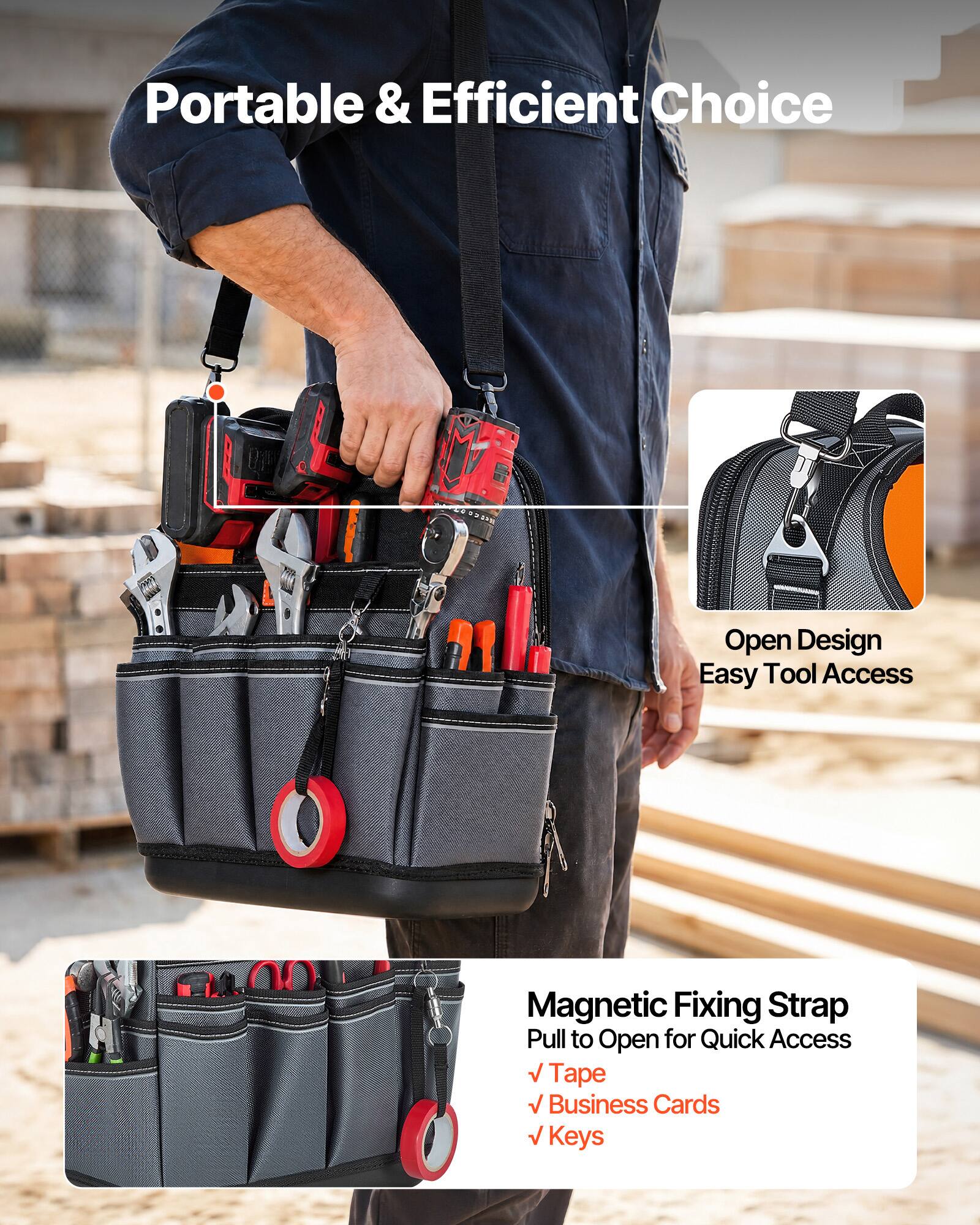 Portable & Efficient Choice

Open Design
Easy Tool Access

Magnetic Fixing Strap
Pull to Open for Quick Access

✓ Tape
✓ Business Cards
✓ Keys