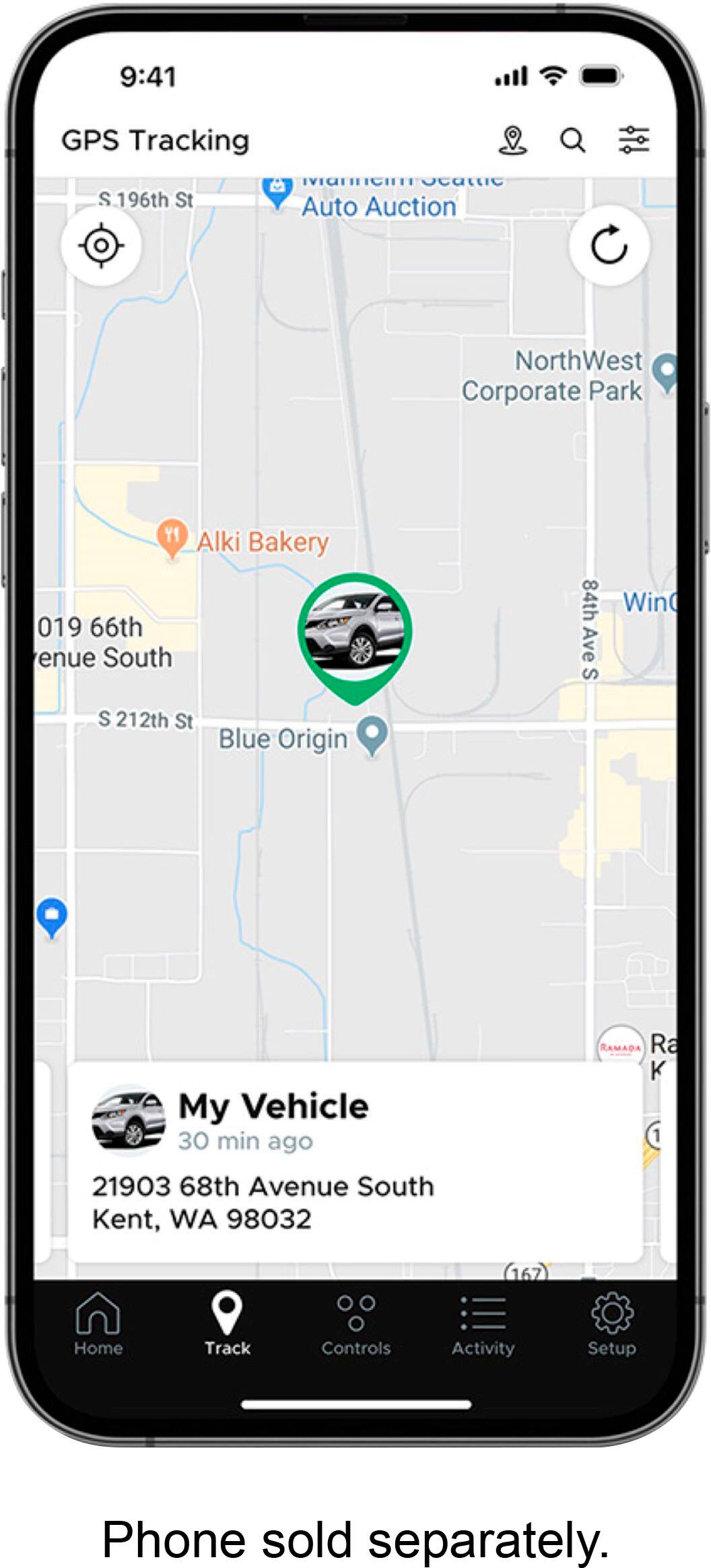The image shows a map on a cell phone screen, indicating the location of Alki Bakery and Blue Origin. The map also displays a car icon, which is likely related to the "My Vehicle" feature. The time displayed on the screen is 9:41. The text on the image suggests that the phone is sold separately, and the map and other features are available for use with the phone.