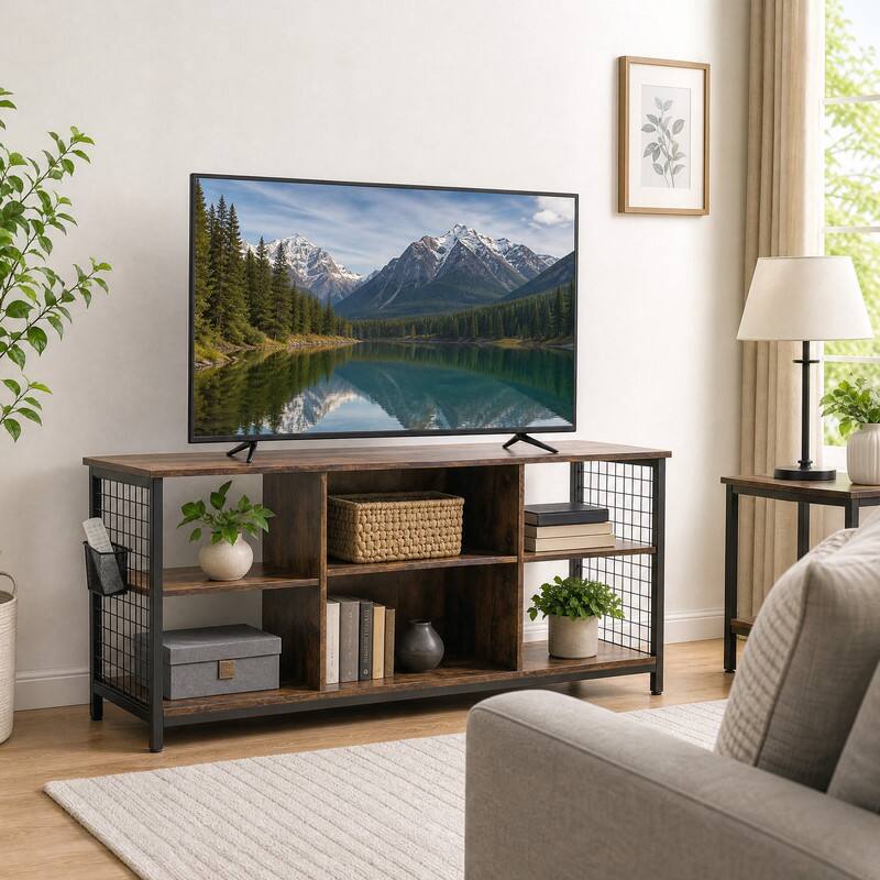 Alt View 3. WELLFOR - Mid-Century TV Stand for TVs up to 65 "with Storage Basket, Entertainment Centre, Media Console Table for Living Room - Rustic Brown.