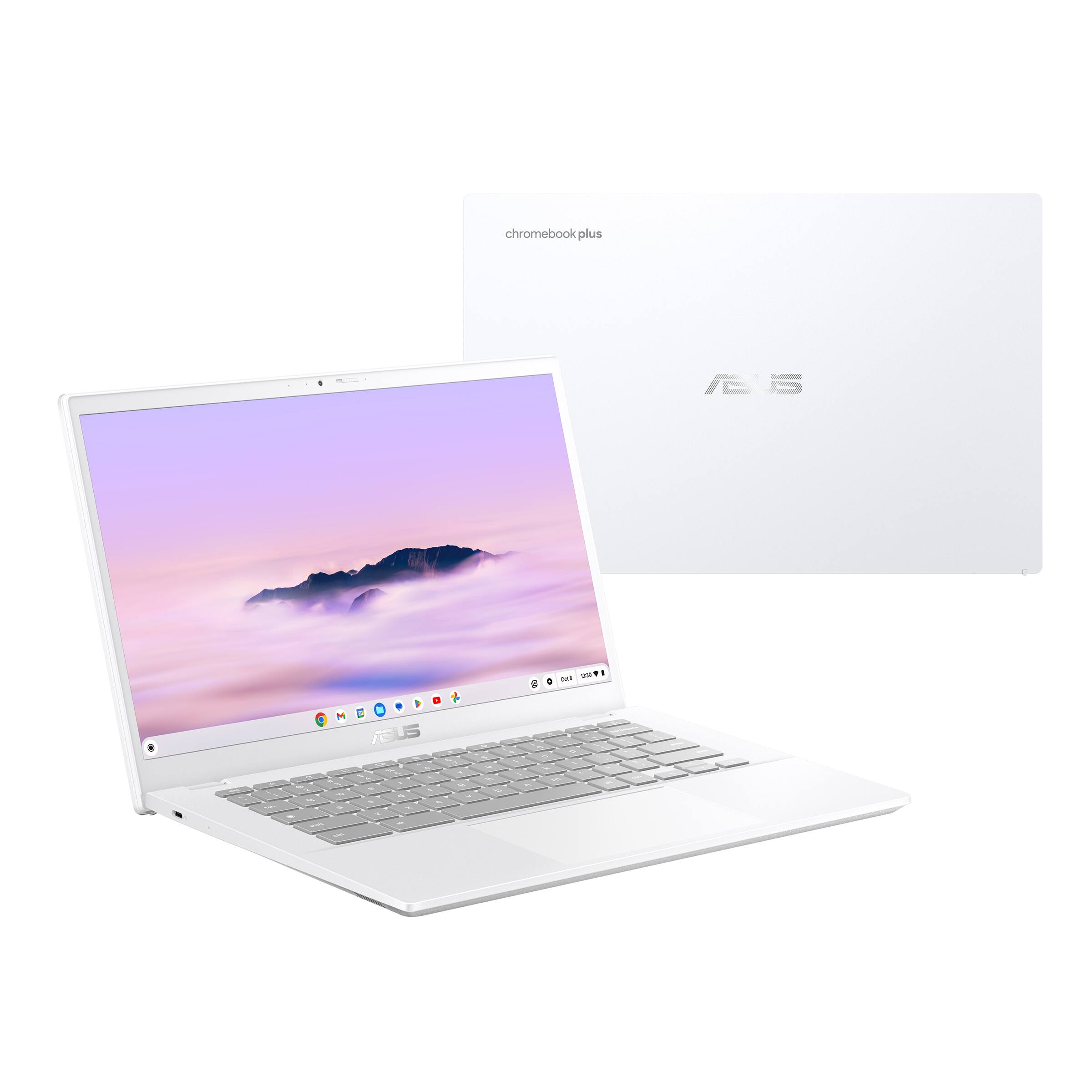 The image features a white laptop computer with a purple background on its screen. The laptop is placed next to a larger white laptop, which is an ASUS laptop. The two laptops are positioned side by side, creating an interesting contrast between their sizes and colors.