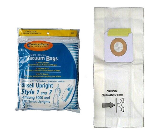 A MUST FOR ALLERGY SUFFERERS!!  
840 Enviro Care TECHNOLOGIES Micro Filtration Vacuum Bags  
99.7% Filtration Microscopic Particles and Allergens  
Filtración 99.7% Frnices et Allergenes Microscopiques de Pieges  
99.7% Filtración Fadculas Alergnicos Microscpicos de los Desvios  

Fit:  
Concus Pour:  
Diseñado a Medida:  

Bissell Upright Style 1 and 7  
Samsung 5000 and 1000 Series Uprights  

BAGS  
3 SACS  
BOLSAS  

MicroFine Electrostatic Filter