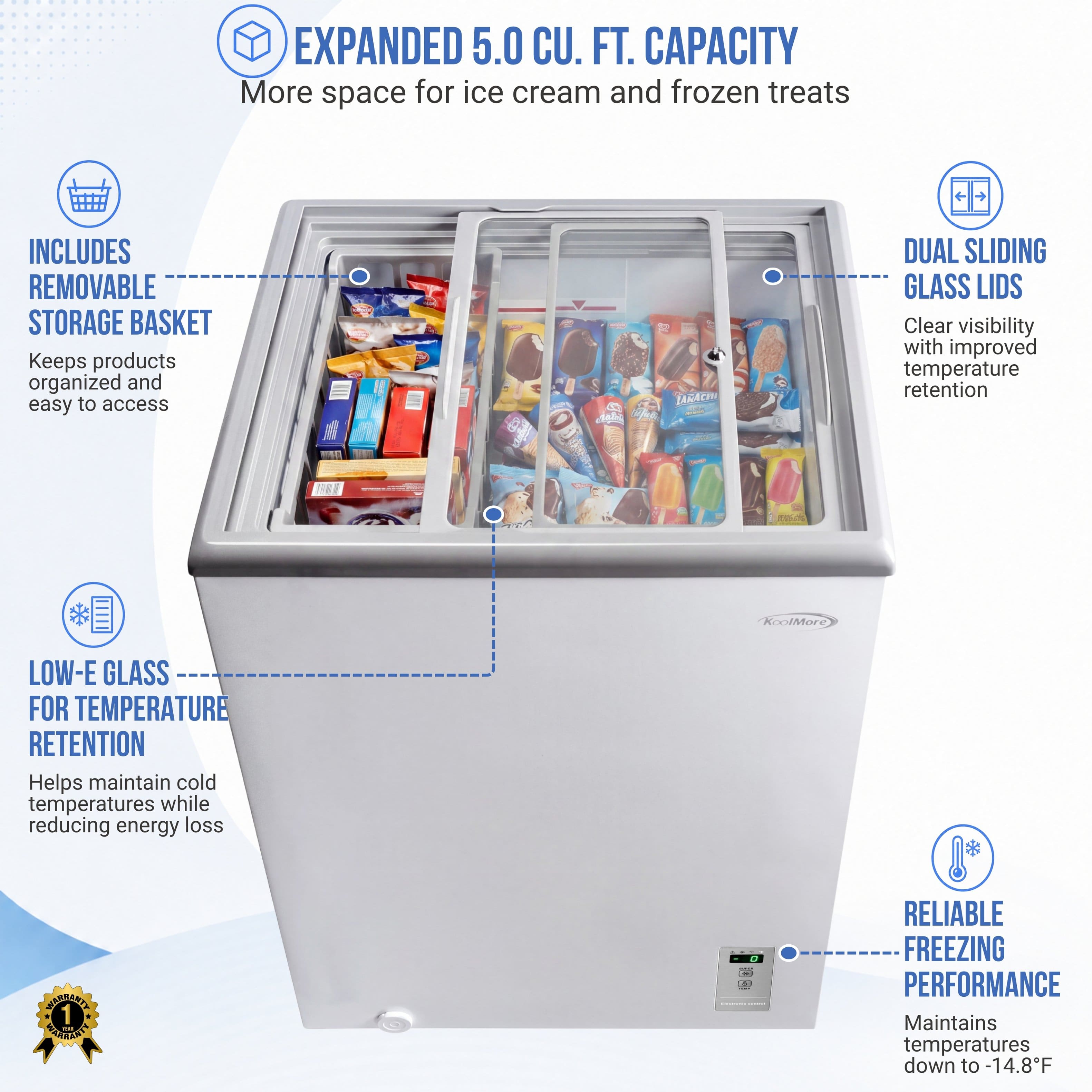 Koolmore 24 in. Commercial Flat Top Ice Cream Display Freezer, 5