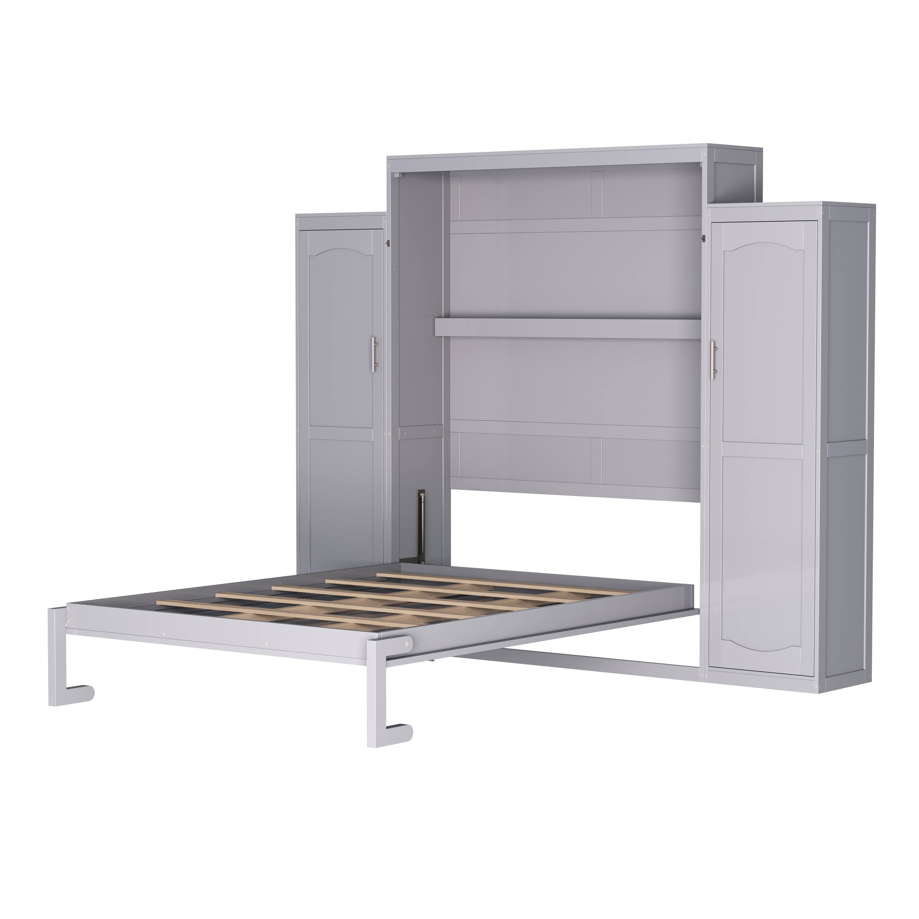 Alt View 4. Tiramisubest - Queen Size Murphy Bed with 2 Wardrobe and Storage Shelf, Multifunctional Foldable Platform Bedframe, Gray - Gray.