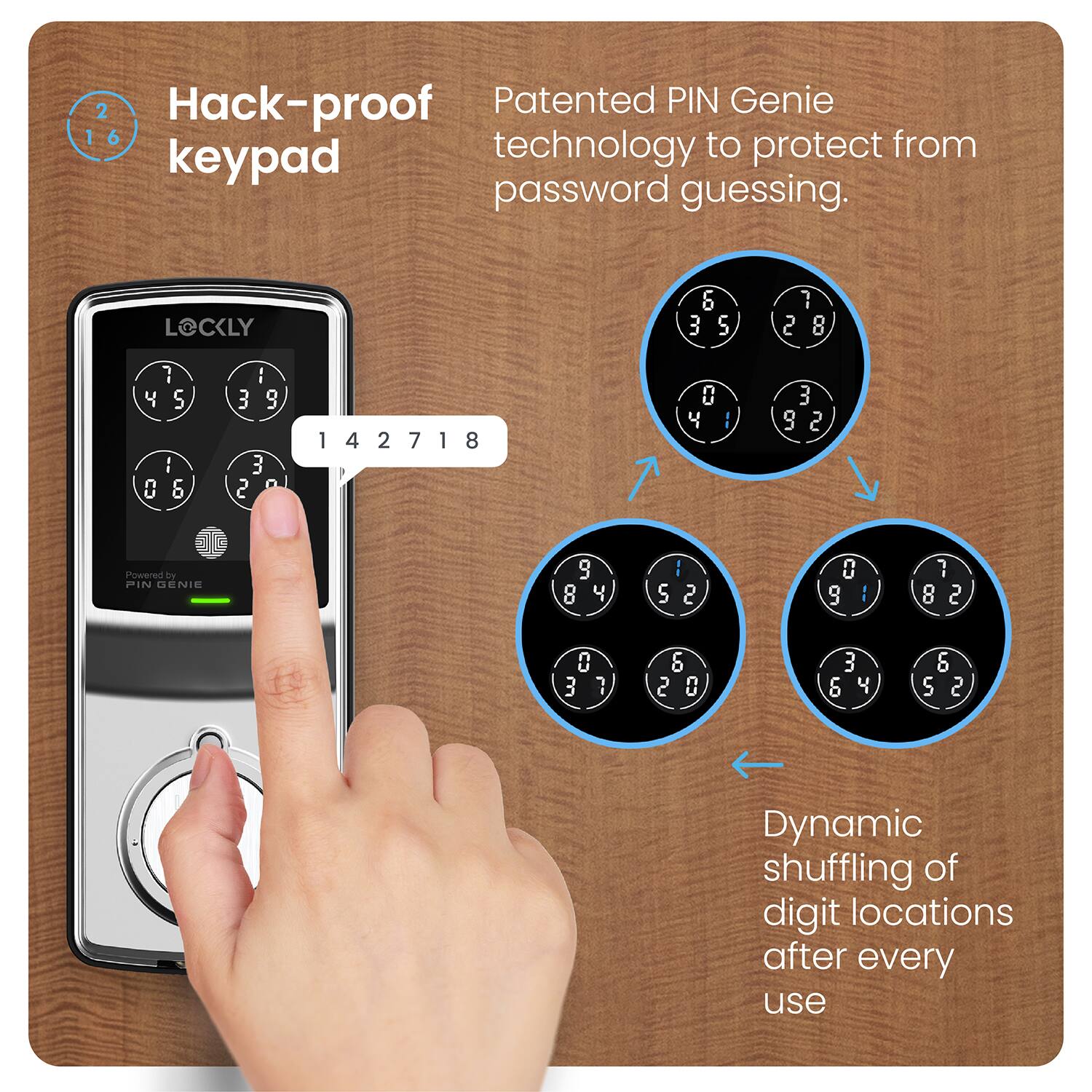 The text on the image reads:

"Hack-proof Patented PIN Genie Technology to protect from password guessing. LOCKLY 14271870 YI 392091 3201 141271870 Powered by PIN GENIE. Dynamic shuffling of digit locations after every use."