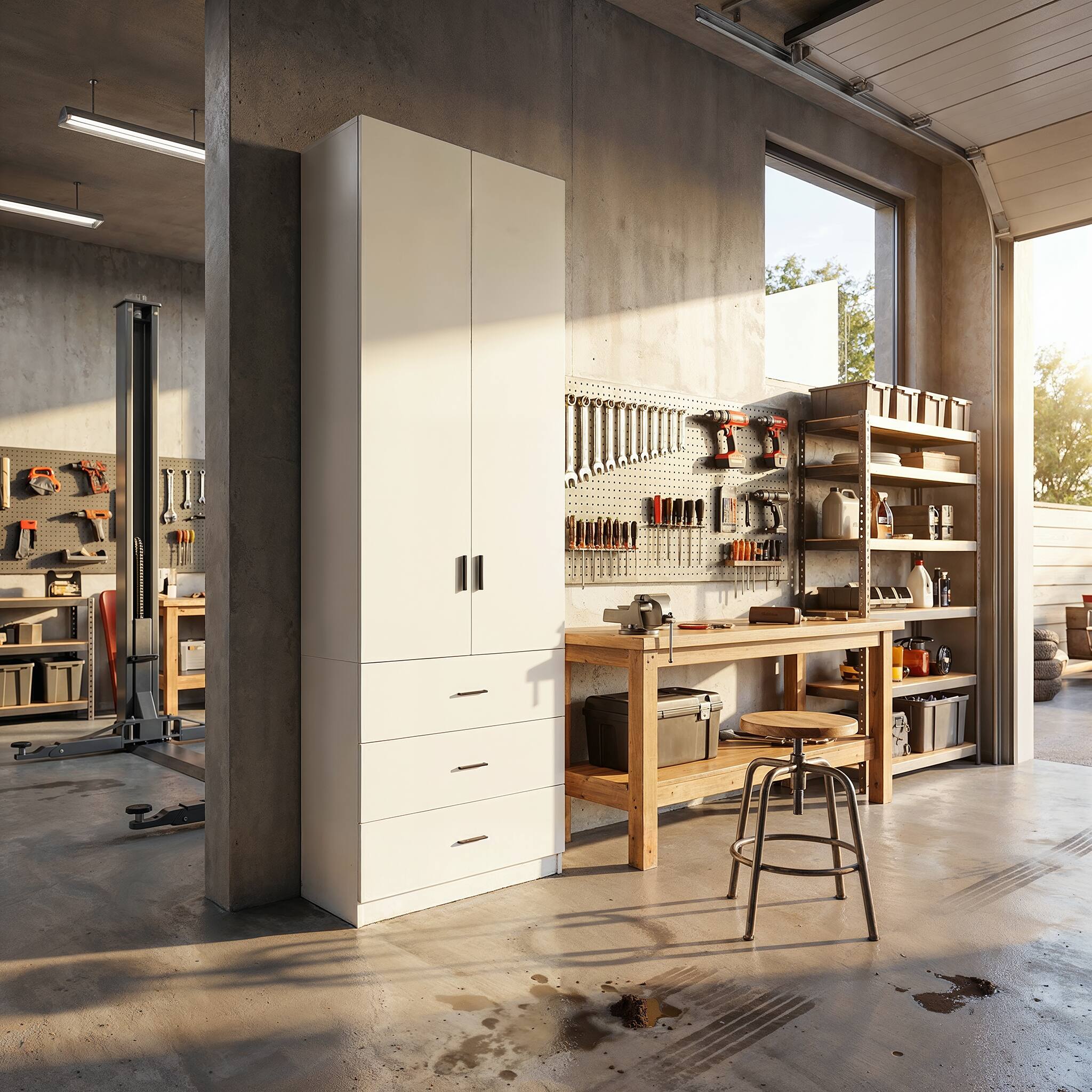 Back. FUFU & GAGA - Garage Storage Cabinet with 3 Drawers, Heavy Duty Tall Tool Organizer for Workshop, Utility Locker for Home - White.