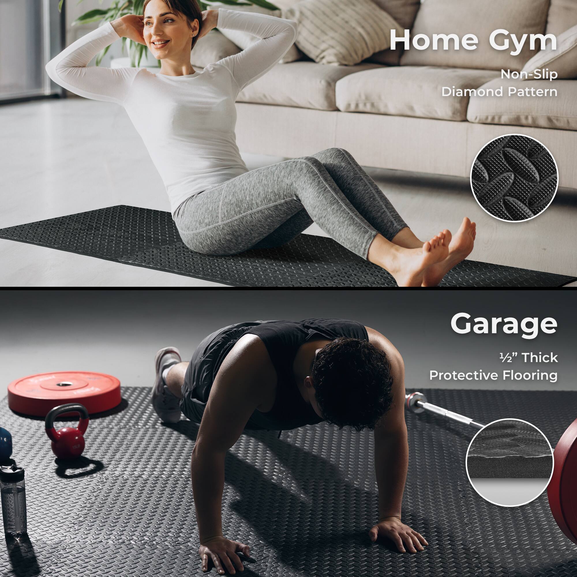 Home Gym, Non-Slip Diamond Pattern, Garage, 1/2" Thick Protective Flooring