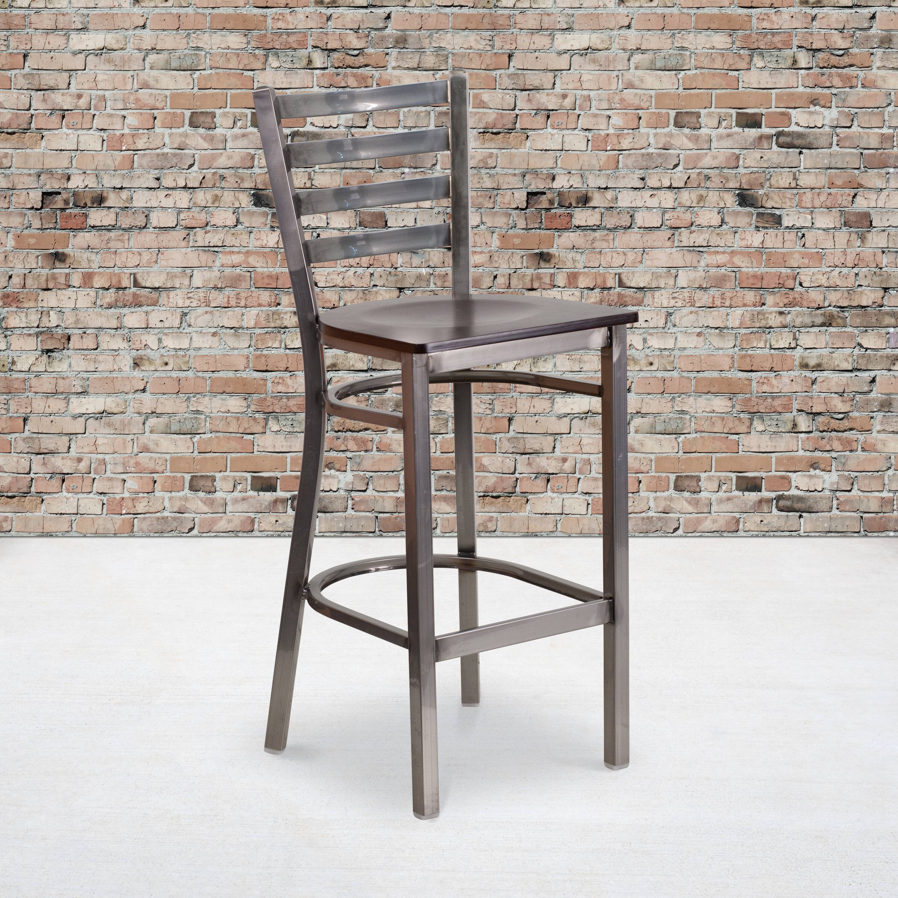 Alt View 2. Emma + Oliver - 2 Pack Clear Coated Ladder Back Metal Restaurant Barstool - Walnut Wood Seat/Clear Coated Metal Frame.