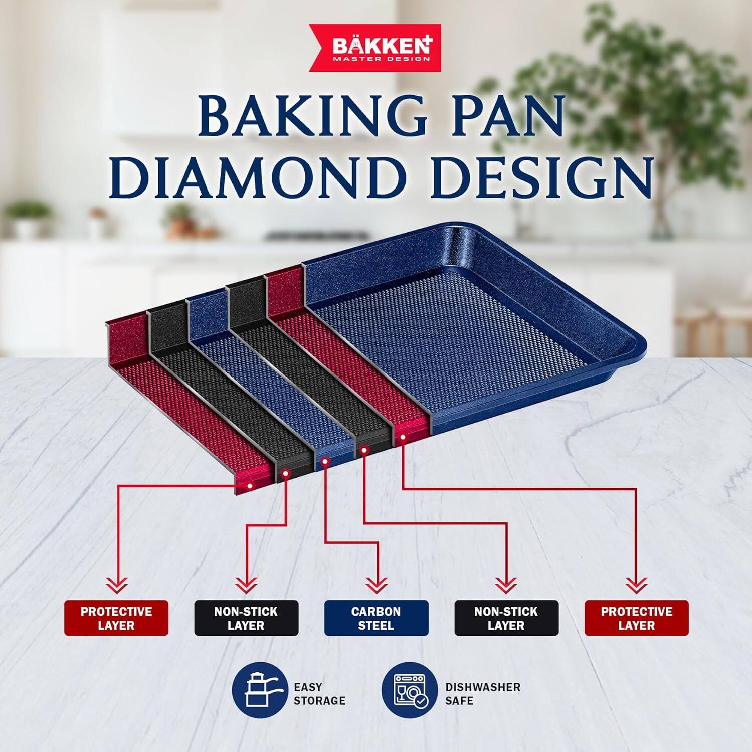 BKKEN MASTER DESIGN BAKING PAN DIAMOND DESIGN PROTECTIVE LAYER NON-STICK LAYER CARBON STEEL NON-STICK LAYER PROTECTIVE LAYER EASY STORAGE DISHWASHER SAFE