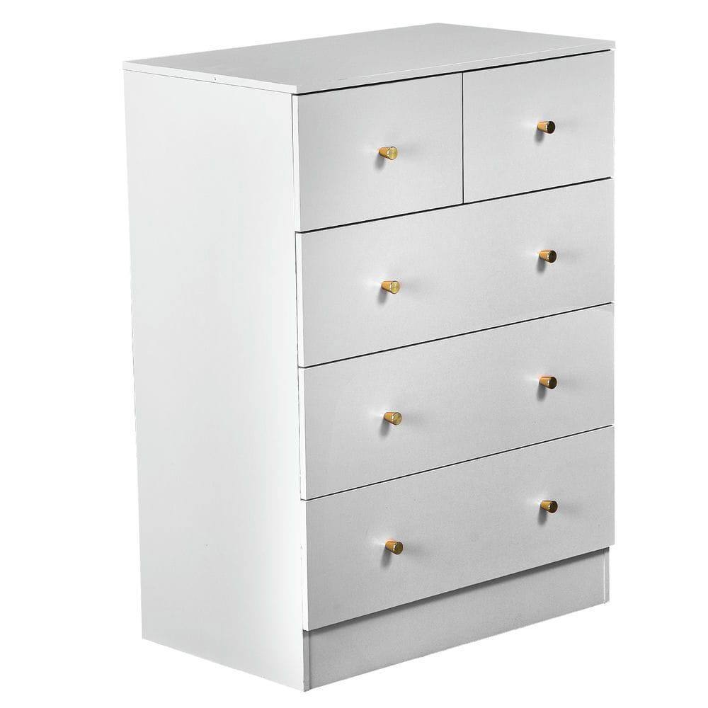 Alt View 6. Kadyn - 5-Drawer Cabinet, 3+2 Storage Dresser with Matte Gold Handles & Hemp Finish - White - White.