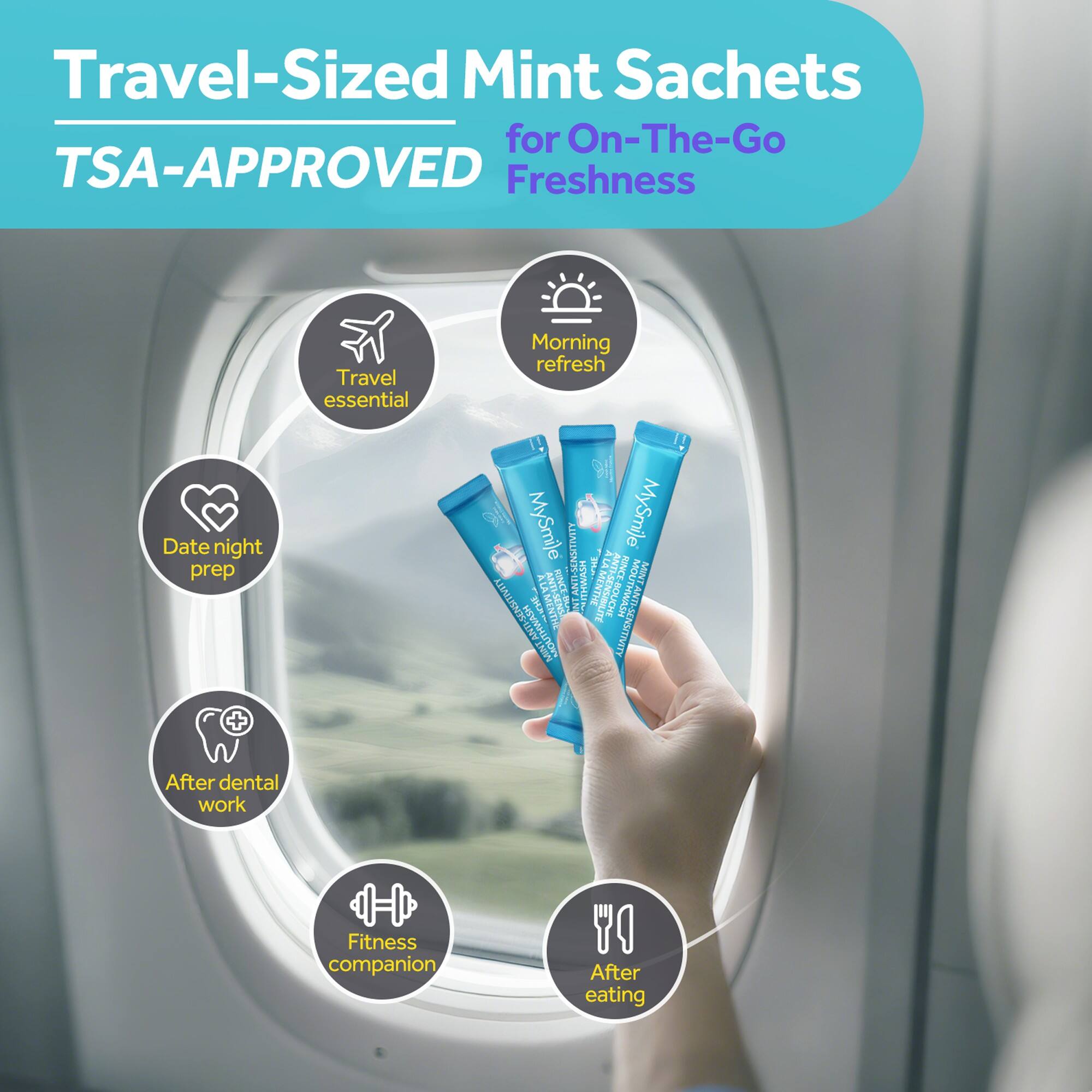 Travel-Sized Mint Sachets for On-The-Go TSA-APPROVED Freshness

- Travel essential
- Morning refresh
- Date night prep
- After dental work
- Fitness companion
- After eating