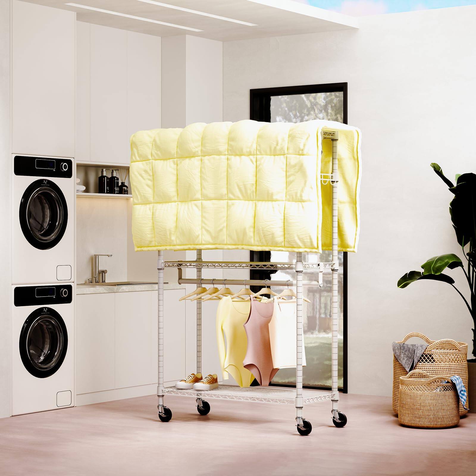 Left. Hirose Alice - Garment Rack Clothing Rolling Clothes heavy duty tiers adjustable wire shelving with and side hooks storage - White-3 Tier with 2 rod, 15.7"D x 29.5"W x 74.5"H.