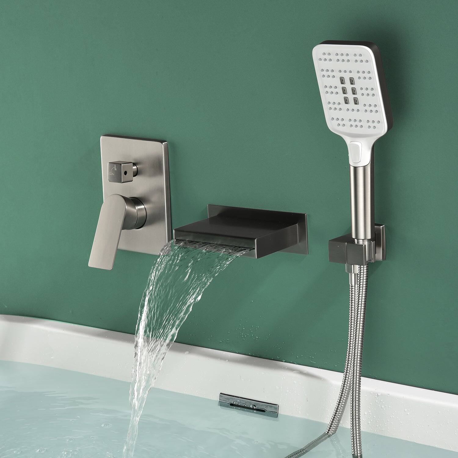 Alt View 2. Boyel Living - Brushed Bathtub Faucet 2-Function Brass Pressure Balance Valve 3-Function Hand Shower 1.5m SUS304 Hose - Brushed Nickel.