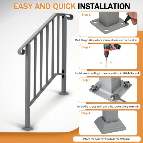 EASY AND QUICK INSTALLATION

Step 1: Mark the position where you want to install the handrail

Step 2: Drill down according to the mark with a 12 MM driller

Step 3: Insert the screws and secure the screws using a wrench

Step 4: Attach the base cover to hide the fasteners
