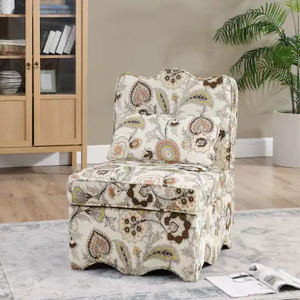 Front. Trinkets Crazed - Flannel Upholstered Accent Chair-Retro Single Sofa Chair with Floral Pattern, Armless Lounge Chair with Pillow - Brown.
