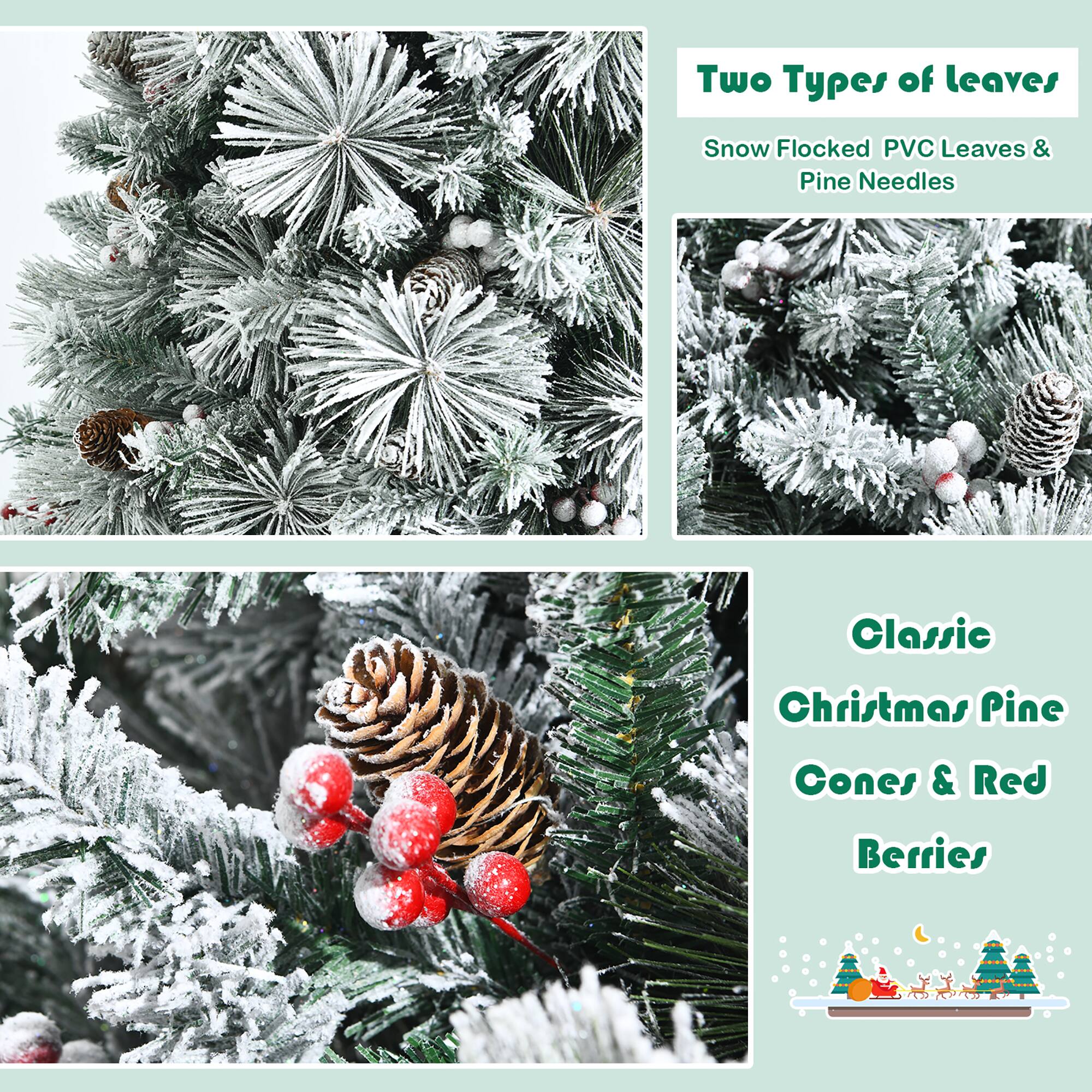 Two Types of Leaves: Snow Flocked PVC Leaves & Pine Needles Classic Christmas Pine Cones & Red Berries