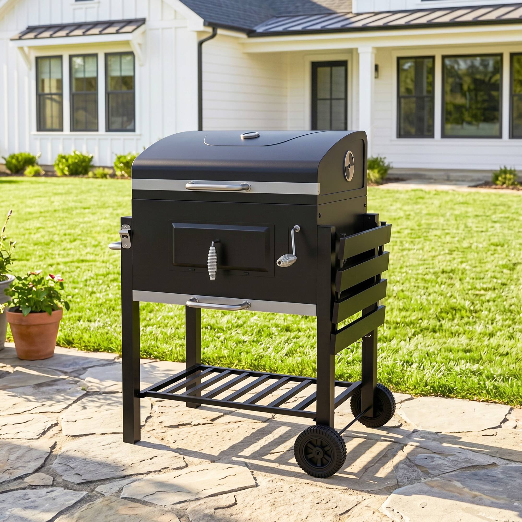 Alt View 8. Outsunny - BBQ Grill and Smoker Combo Outdoor Portable Trolley Camping Picnic Backyard with Side Shelf - Black.