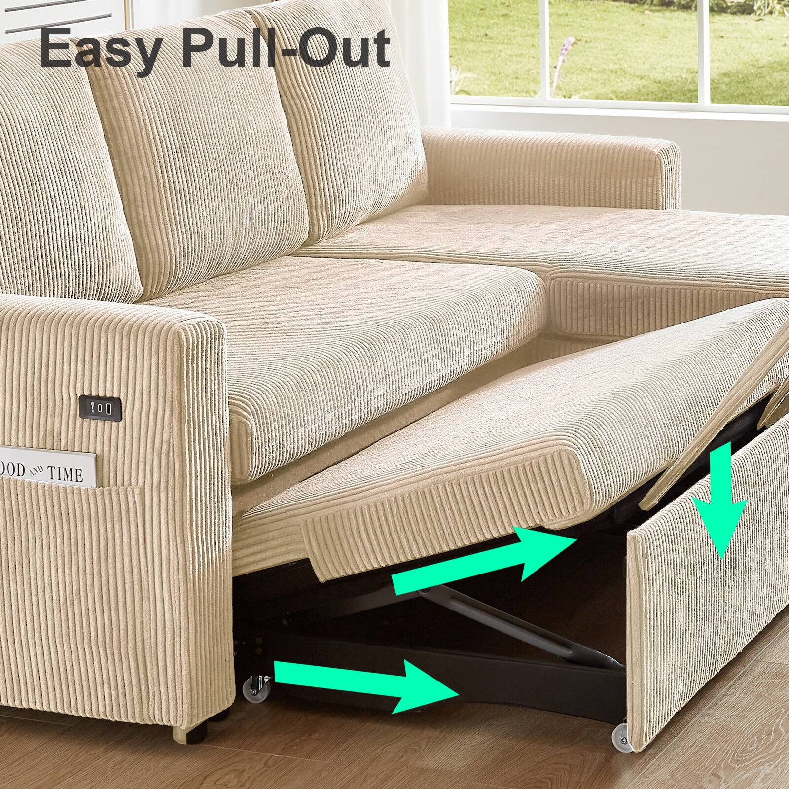 Alt View 1. Vipbear - Vipbear 81" Sleeper Sofa Bed with Pull Out Bed L Shaped Sectional Sleeper Sofa, Tool-Free Assembly,Corduroy Beige - Beige.