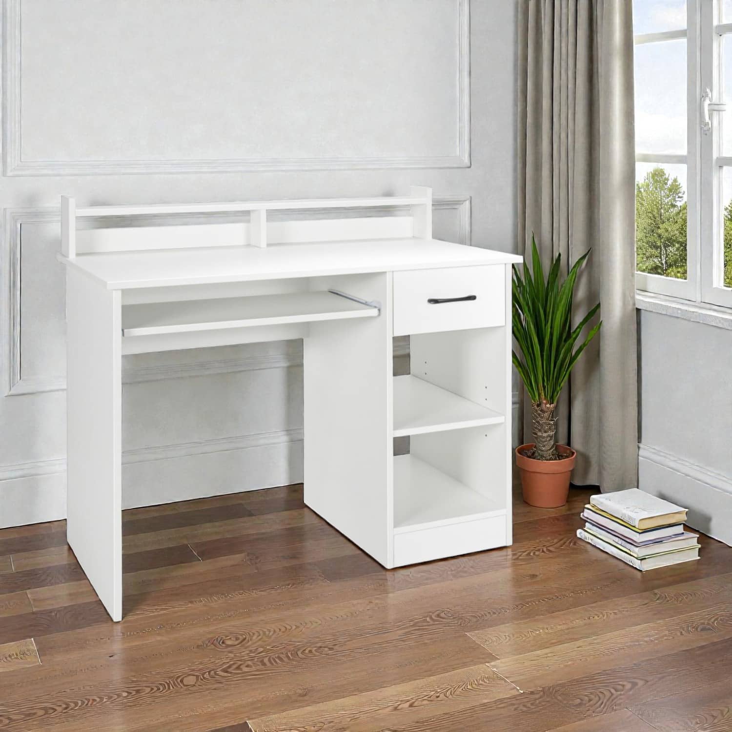 Hivvago - Functional Study Desk with Keyboard Slider and Hidden Storage Drawer - White
