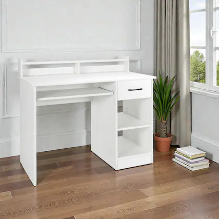 Front. Hivvago - Functional Study Desk with Keyboard Slider and Hidden Storage Drawer - White.
