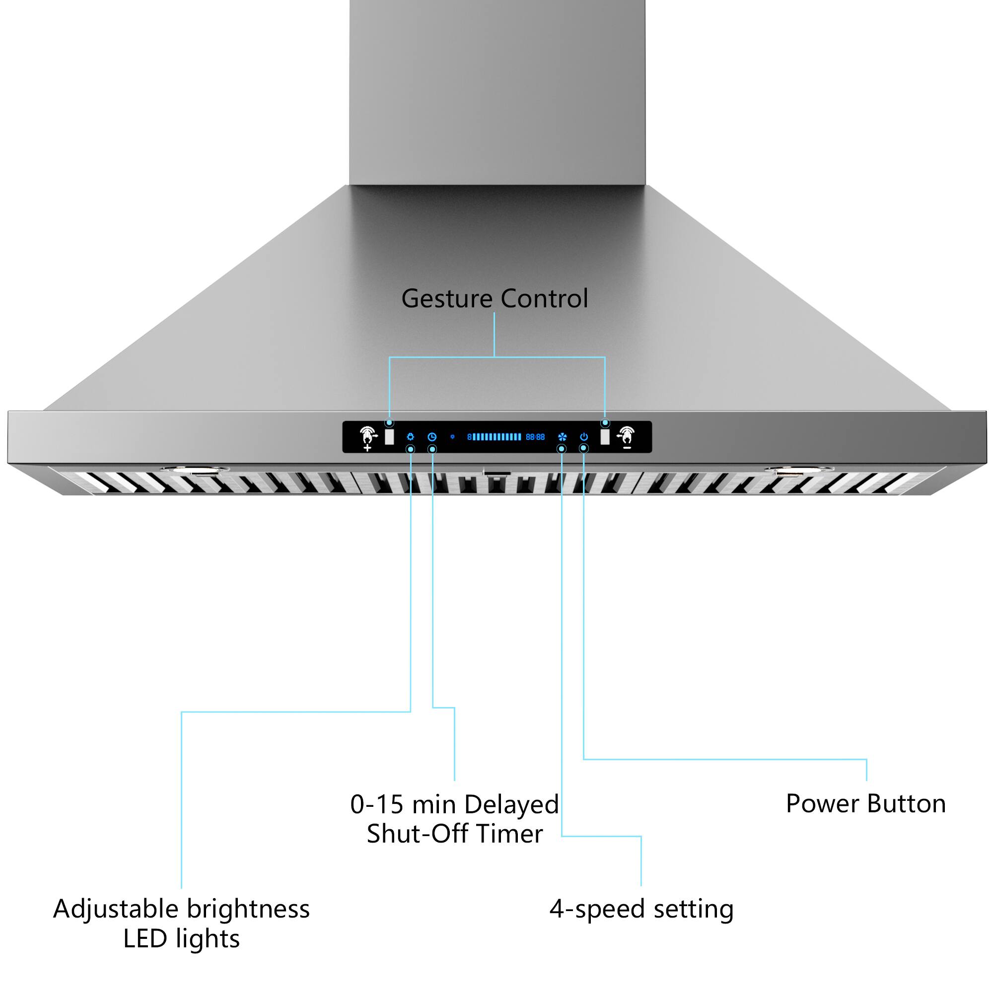 Gesture Control  
- 0-15 min Delayed Shut-Off Timer  
- Adjustable brightness LED lights  
- 4-speed setting  
- Power Button
