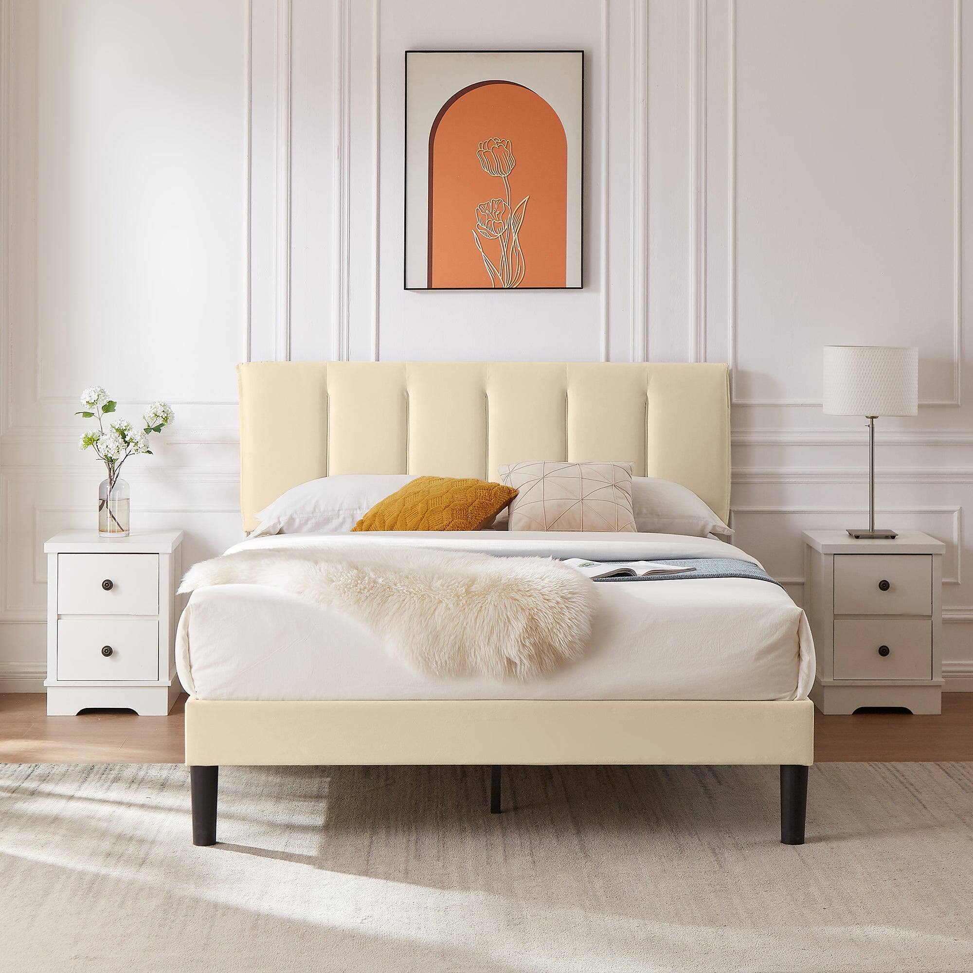 Alt View 1. Vecelo - Full Upholstered Bed with Adjustable Headboard & 7.9" Underbed Storage - Quiet Slat Metal Platform Bed,Fabric Frame - Beige.