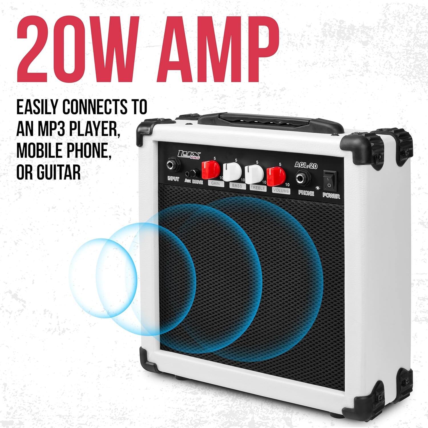 20W AMP  
EASILY CONNECTS TO AN MP3 PLAYER, MOBILE PHONE, OR GUITAR