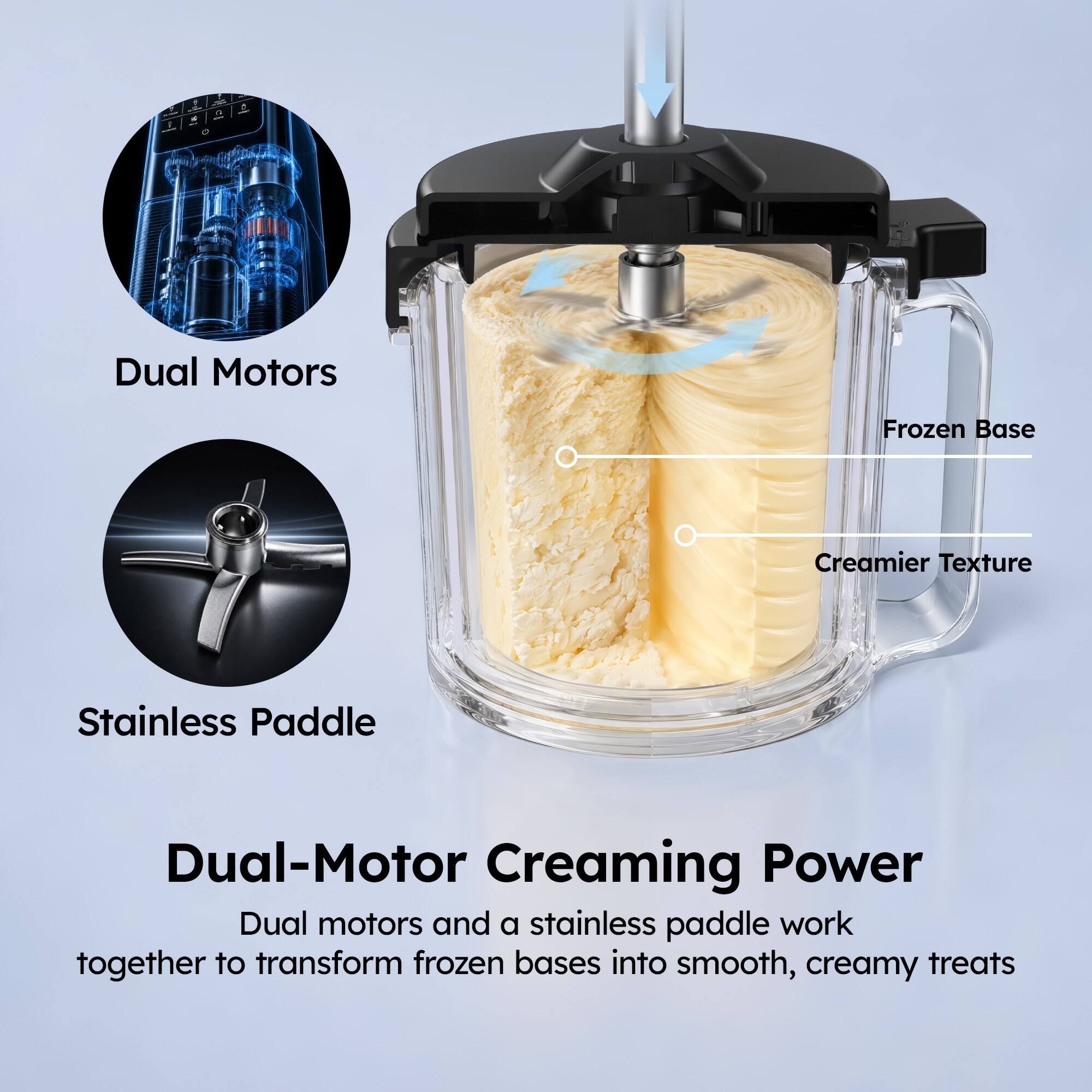 2 - Dual Motors Frozen Base Creamier Texture Stainless Paddle Dual-Motor Creaming Power Dual motors and a stainless paddle work together to transform frozen bases into smooth, creamy treats