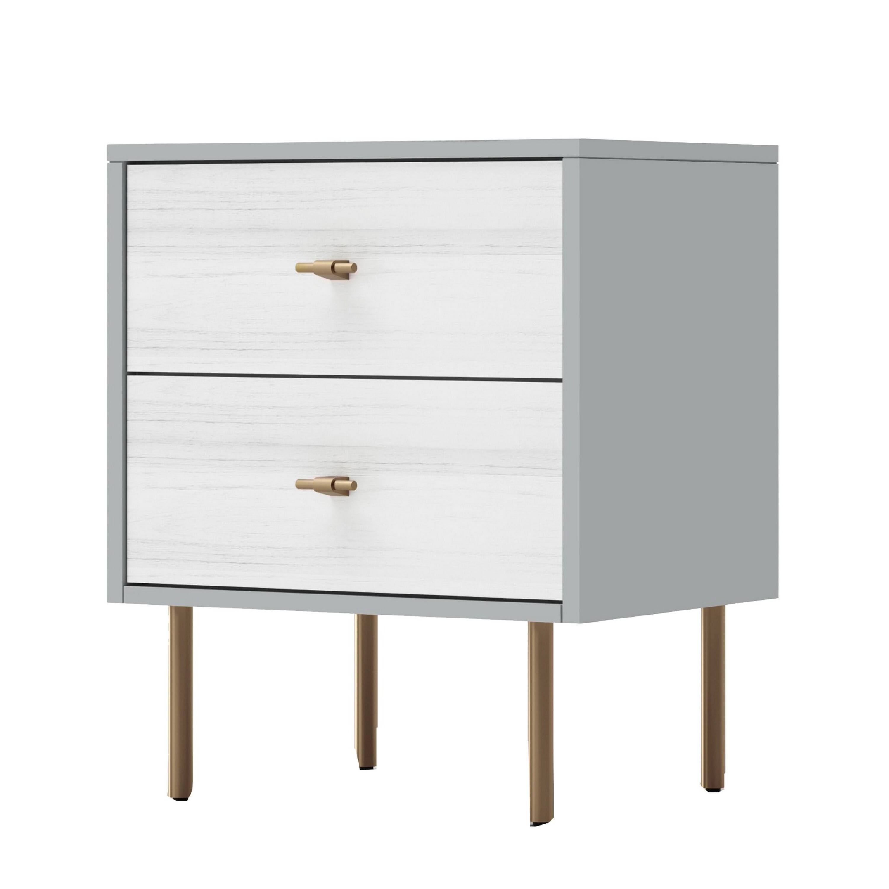 Left. Manhattan Lane - Dap 24 Inch 2 Drawer Nightstand, Satin  Handles and Legs - Gray, White, Gold.