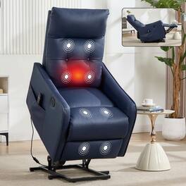 Kadyn - Power Lift Recliner Chair, Single Motor Massage & Heat, USB Port, 155° Recline, PU Leather - Blue