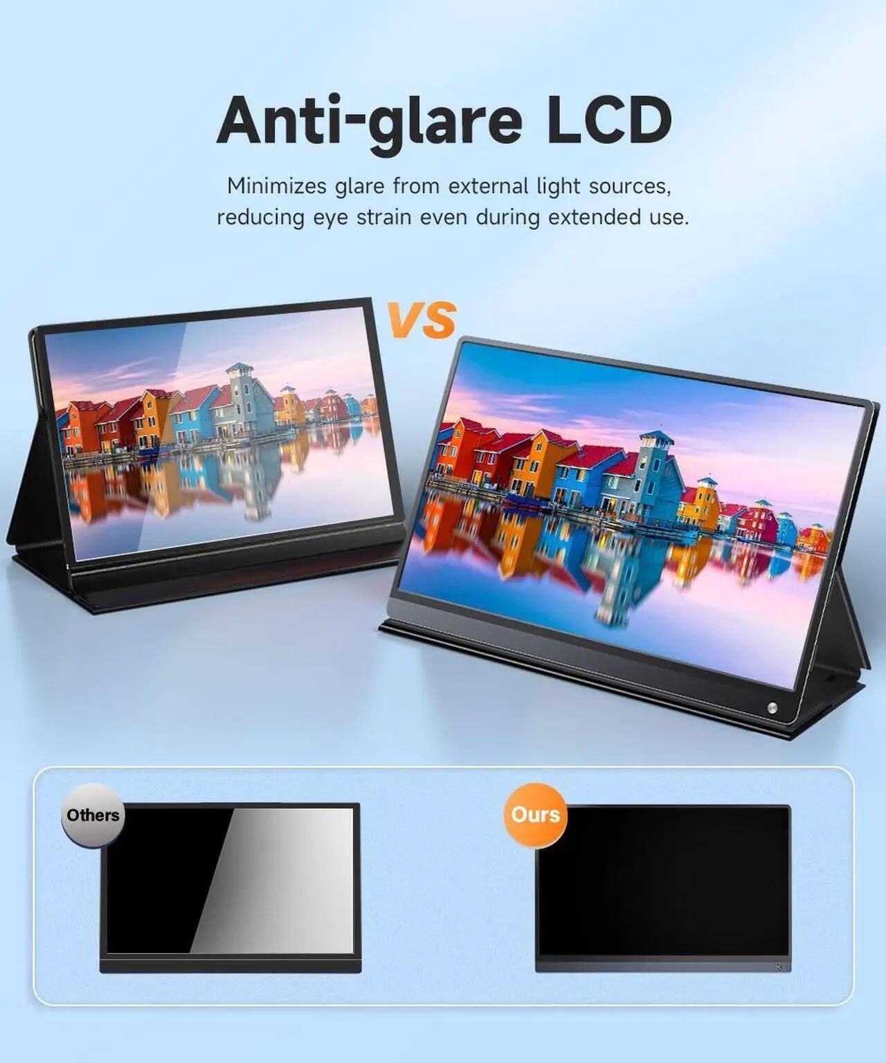 Anti-glare LCD  
Minimizes glare from external light sources, reducing eye strain even during extended use.  

VS  

Others  
Ours