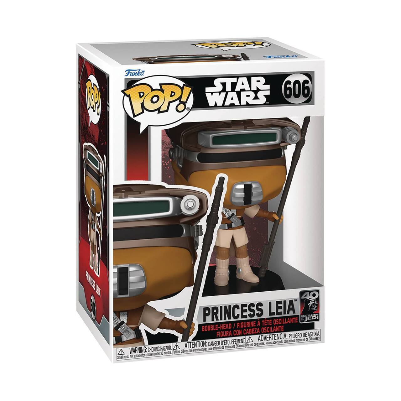 Funko  
POP!  
STAR WARS  
606  

PRINCESS LEIA  
BOBBLE-HEAD / FIGURINE À TÊTE OSCILLANTE  
FIGURA CON CABEZA OSCILANTE  

ADVERTENCIA: PELIGRO DE ASFIXIA  
ATTENTION: DANGER DE TOUFFEMENT  
WARNING: CHOKING HAZARD  

40  
TUESDAY  

WARNING: CHOKING HAZARD - Small parts. Not for children under 3 years.  
ATTENTION: DANGER - Petites pièces. Ne convient pas aux enfants de moins de 3 ans.  
ADVERTENCIA: PELIGRO DE ASFIXIA - Piezas pequeñas. No es adecuado para niños menores de 3 años.