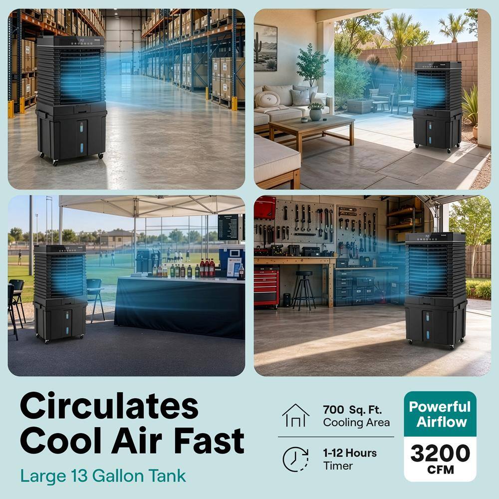 Circulates Cool Air Fast  
Large 13 Gallon Tank  
700 Sq. Ft. Powerful Cooling Area  
1-12 Hours Timer  
3200 CFM