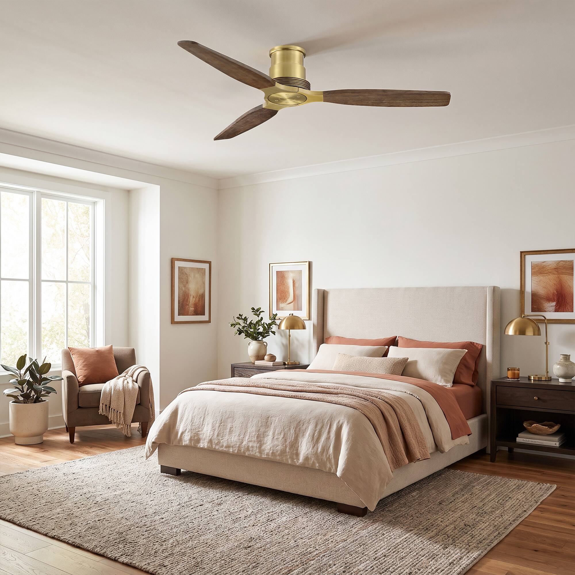 Left. Parrot Uncle - 48" Mid Century Modern Solid Wood Lightweight Flush Mount Ceiling Fan with Remote,No Light 6-Speed DC Motor - Gold.