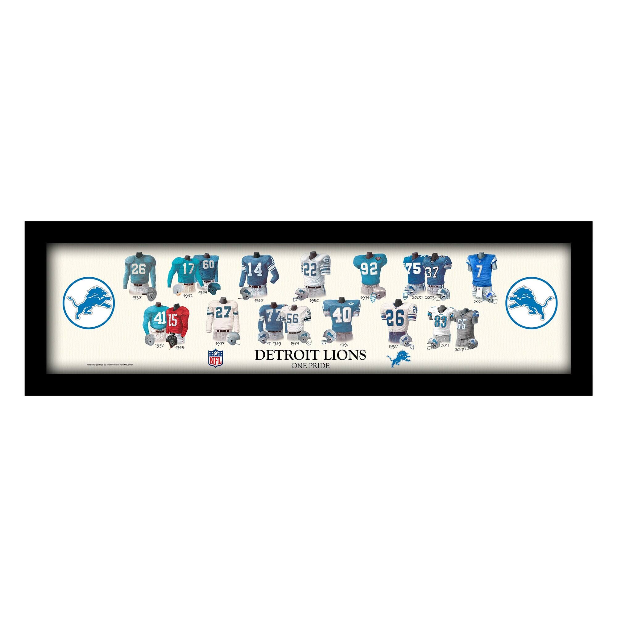 Sporticulture - Detroit Lions 12" x 36" Team Uniform Heritage Framed Wall Art - Multicolor