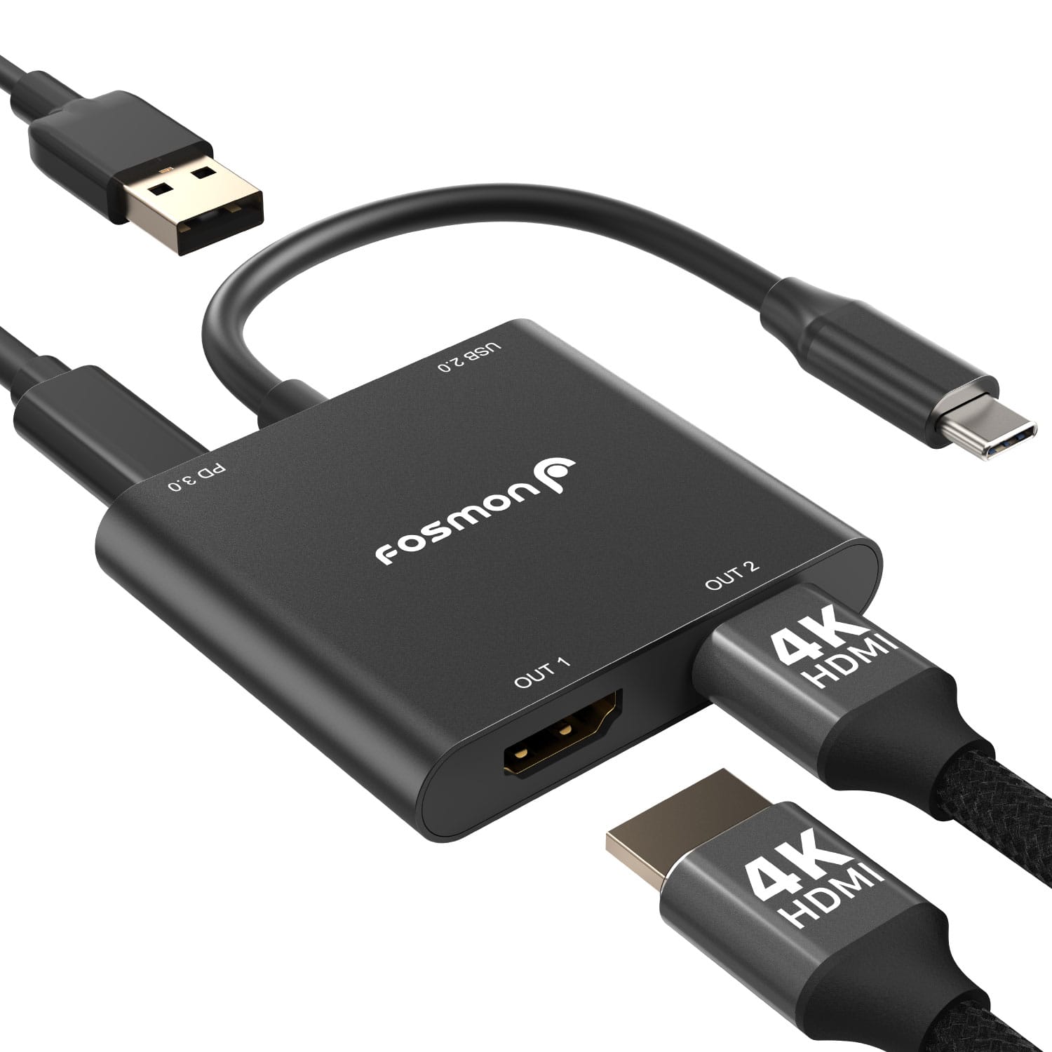 Fosmon - USB C Hub, USB C to Dual HDMI Adapter 4k@30Hz, HDMI Splitter, PD 3.0 Charging Port Up to 100W Compatible Thunderbolt - Black