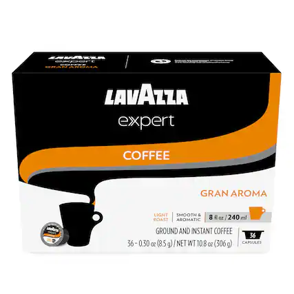 LAVAZZA expert COFFEE
GRAN AROMA
LIGHT ROAST
SMOOTH & AROMATIC
8 fl oz / 240 ml
GROUND AND INSTANT COFFEE
36 - 0.30 oz (8.5 g) / NET WT 10.8 oz (306 g)
36 CAPSULES