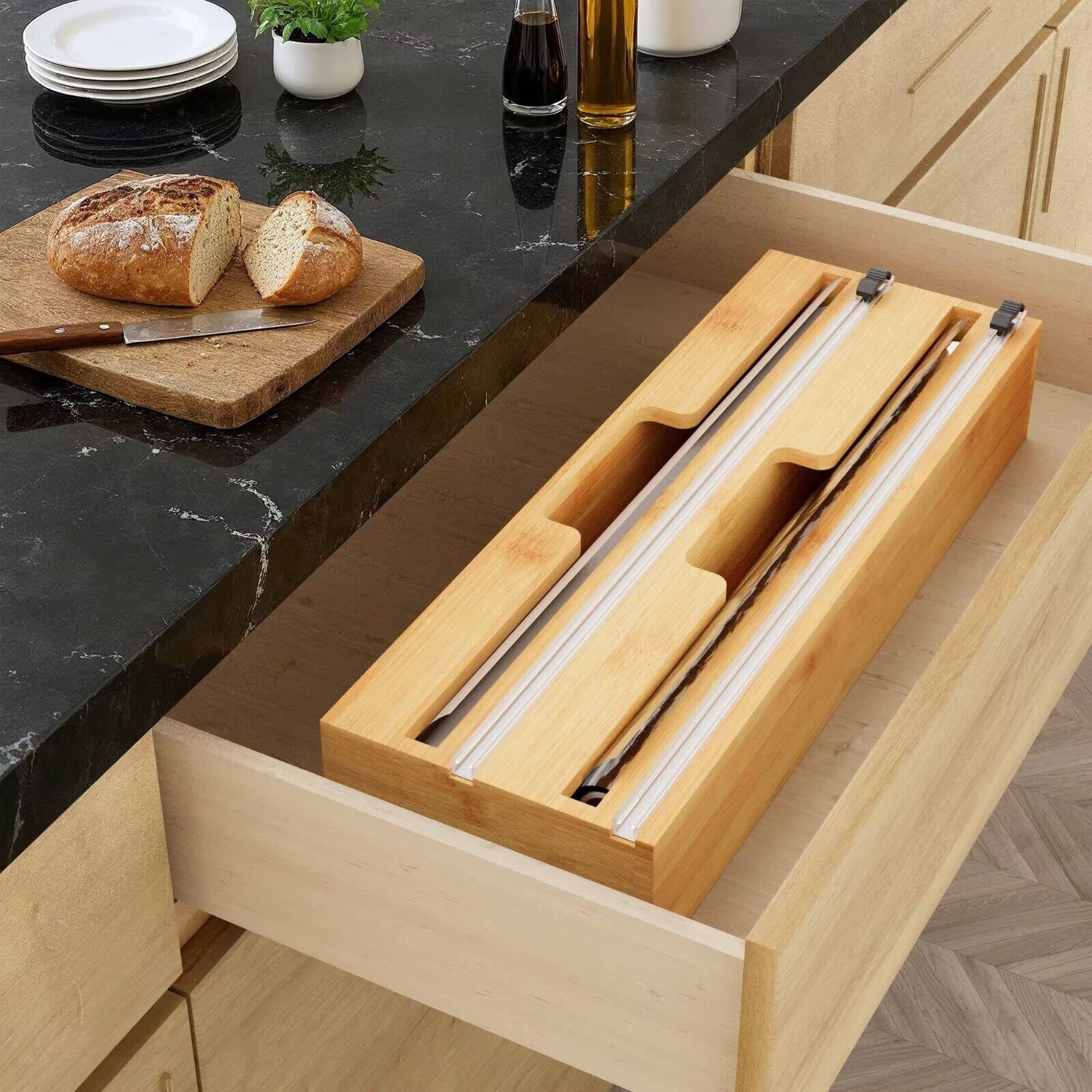 Angle. Tooloton - 15" Roll Wrap Organizer with Cutter & Labels - Foil, Plastic, Wax Paper Dispenser for Kitchen Storage (Natural) - Natural.