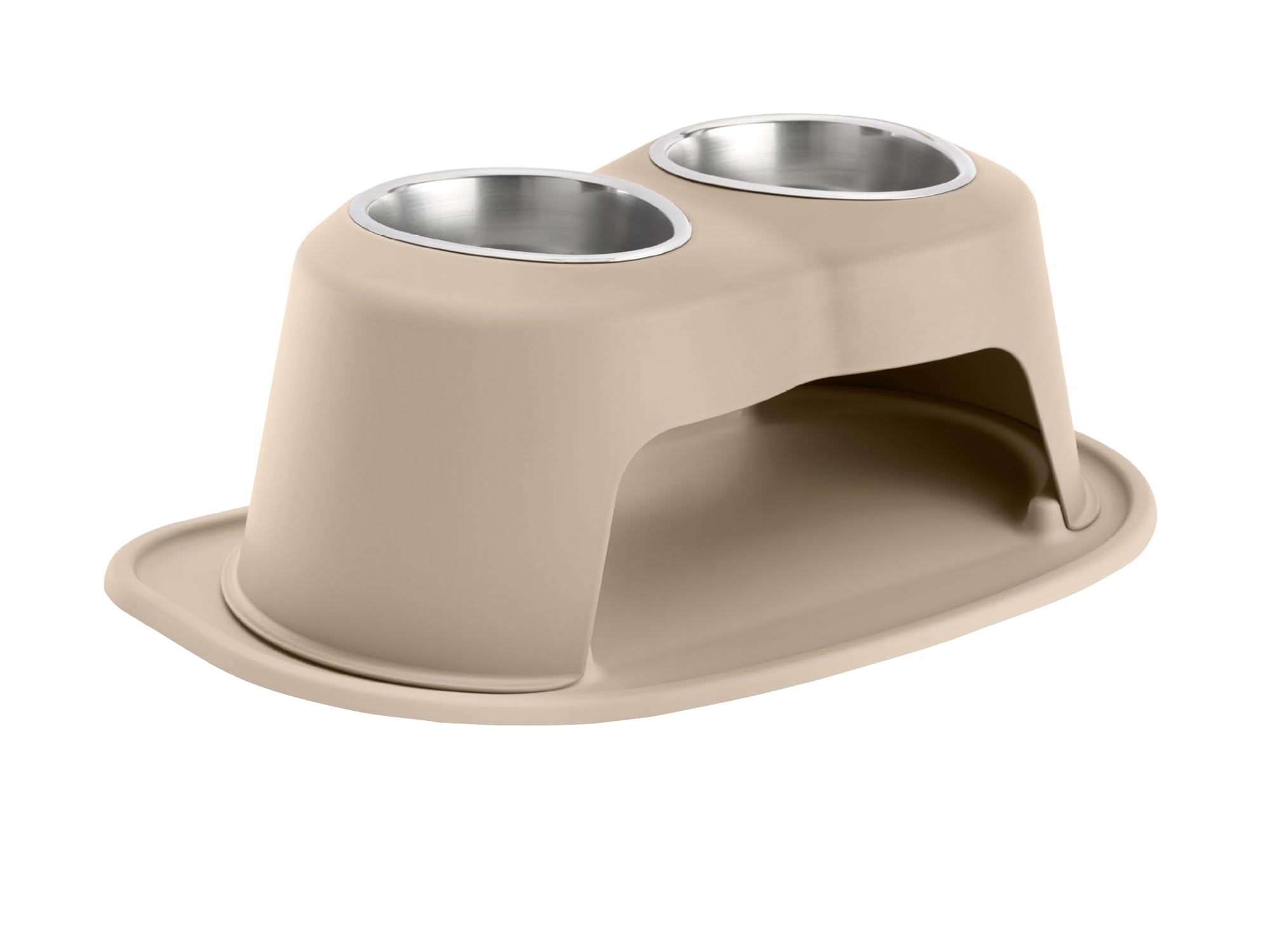 Front. WeatherTech - Double High Pet Feeding System | Elevated Pet Bowls - 8 " High Tan - 32oz (4 Cup) Stainless Steel Bowls - Tan.
