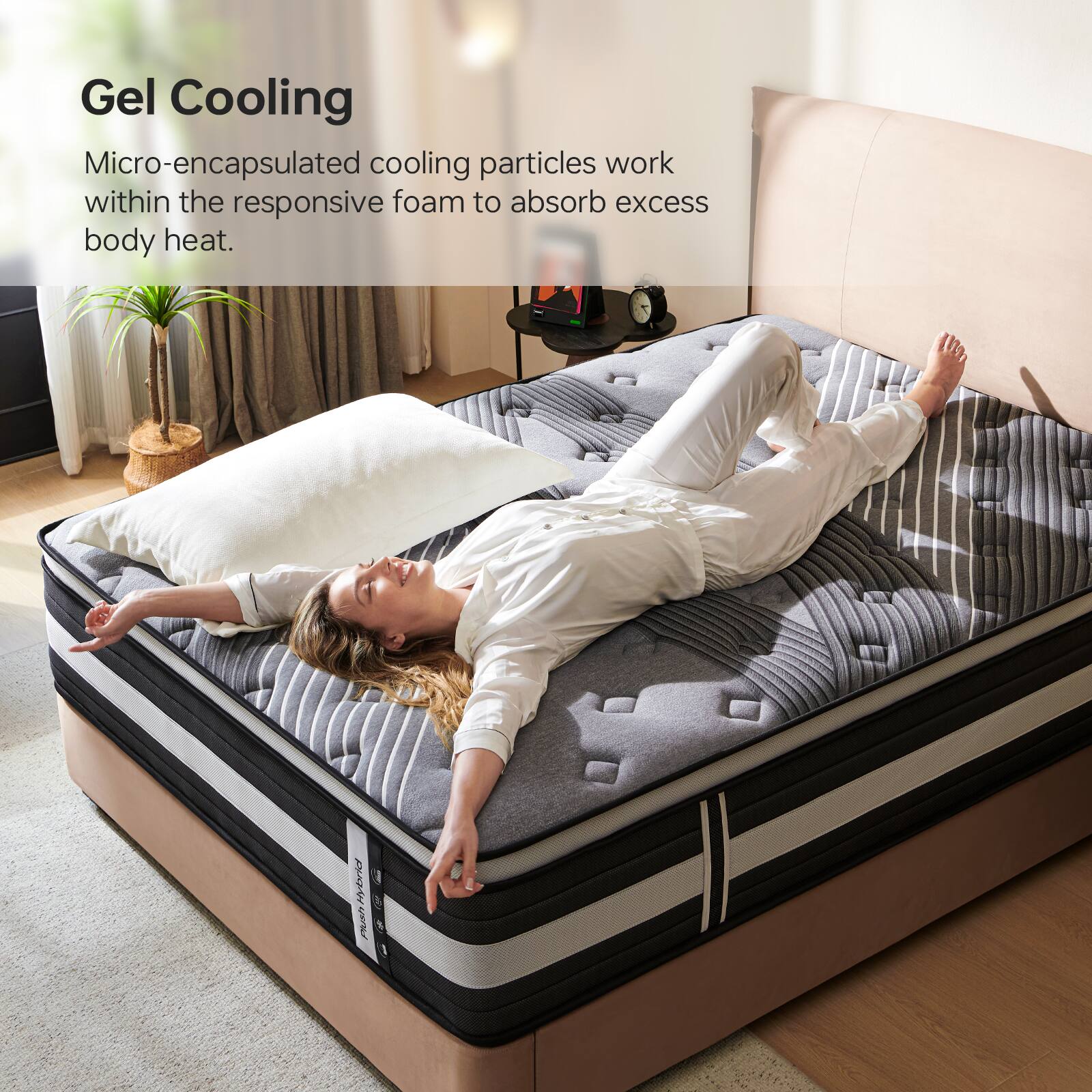 Gel Cooling  
Micro-encapsulated cooling particles work within the responsive foam to absorb excess body heat.