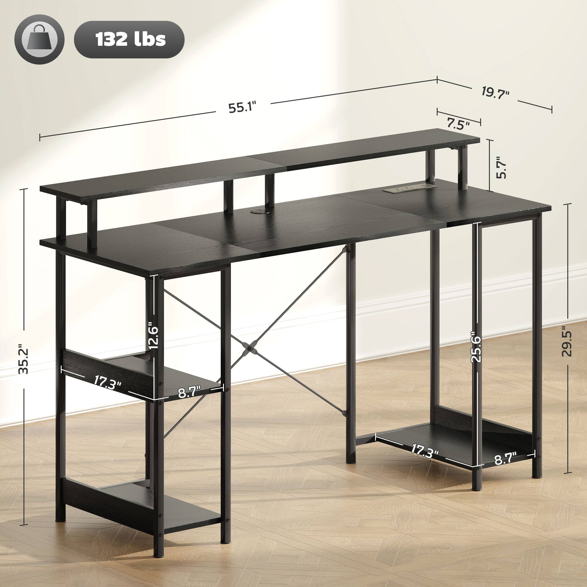 132 lbs, 55.1", 19.7", 7.5", 5.7", 35.2", 17.3", 12.6", 8.7", 25.6", 29.5", 17.3", 8.7"