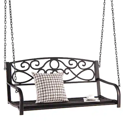 Front. Costway - Costway Outdoor 2-Person Metal Porch Swing Hanging Patio Bench 485 Lbs Capacity - Brown.
