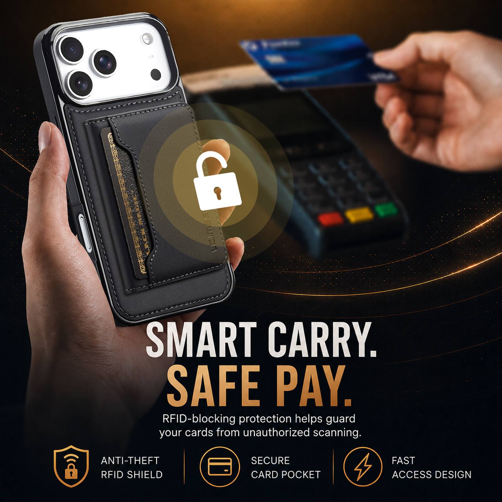 SMART CARRY. SAFE PAY.  
RFID-blocking protection helps guard your cards from unauthorized scanning.  
ANTI-THEFT RFID SHIELD  
SECURE CARD POCKET  
FAST ACCESS DESIGN