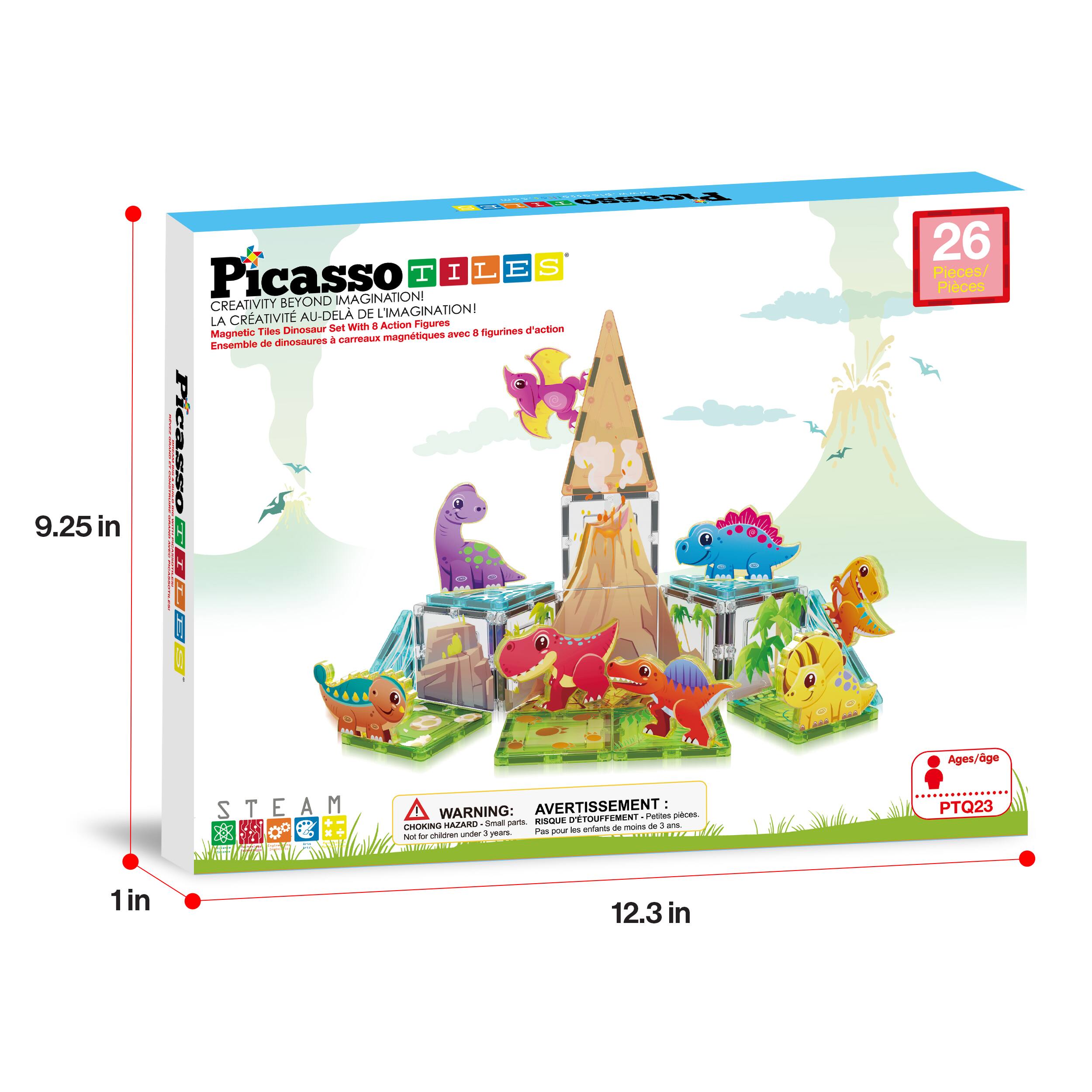 9.25 in Picasso Tiles Creativity Beyond Imagination! La Créativité Au-Delà De L'Imagination! Magnetic Tiles Dinosaur Set With 8 Action Figures Ties Dinosaur Set d'action Magnetic aves 4 carreaux Ensemble | Picasso 850: 26 Pieces/Pieces Ages/age PTQ23

STEAM WARNING: AVERTISSEMENT - CHOKING HAZARD - RISQUE D'ÉTOUFFEMENT - Small parts. Not for children under 3 years.