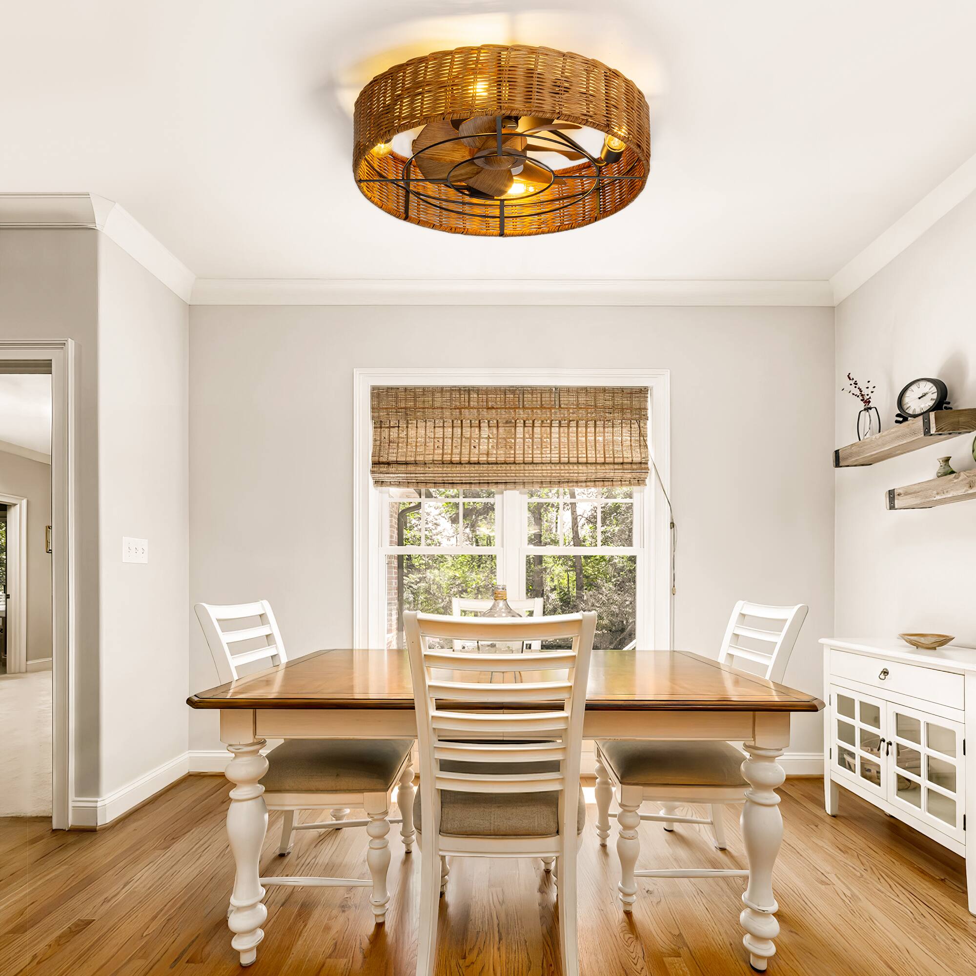 Alt View 1. Breezary - 19" Indoor Caged Rattan Ceiling Fan with LED Light, 7 ABS Blades, 6-Speed DC Motor, Remote Control with Timer - Matte Black and Brown.