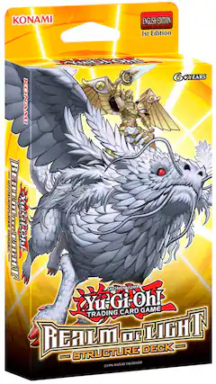 The text on the image reads: "KONAMI ENGLISH EDITION Ist Edition 6+YEARS KONAMI HEST TNOE SHONEN JUMP YuGion! TRADING CARD GAME REALM OF LIGHT STRUCTURE DECK KAZUKI TAKAHASHI 1996."