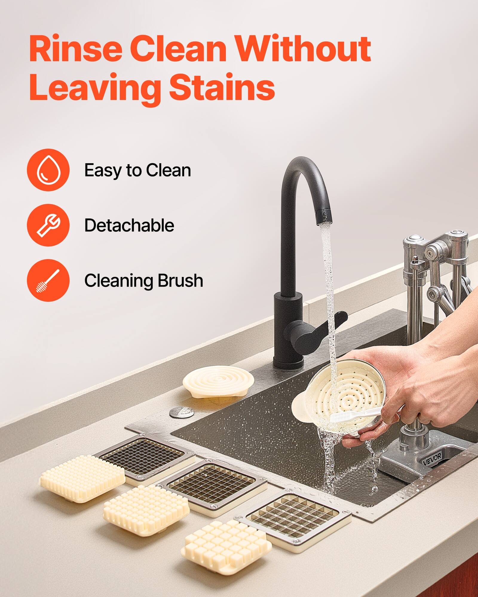 Rinse Clean Without Leaving Stains

- Easy to Clean
- Detachable
- Cleaning Brush