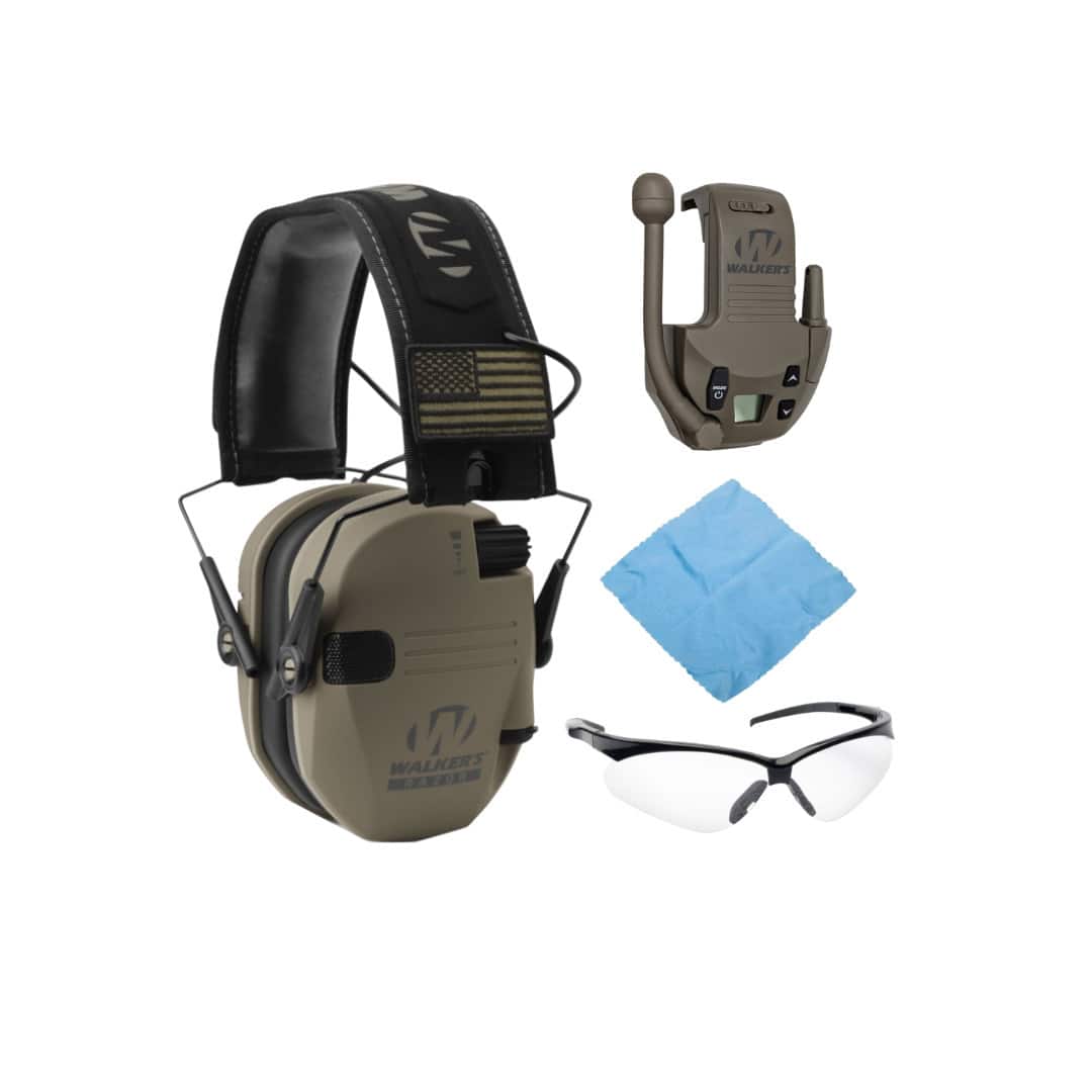Walker’s - Walkers Razor Slim Electronic Muff (FDE Patriot) Walkie Talkie Attachment Bundle - Beige