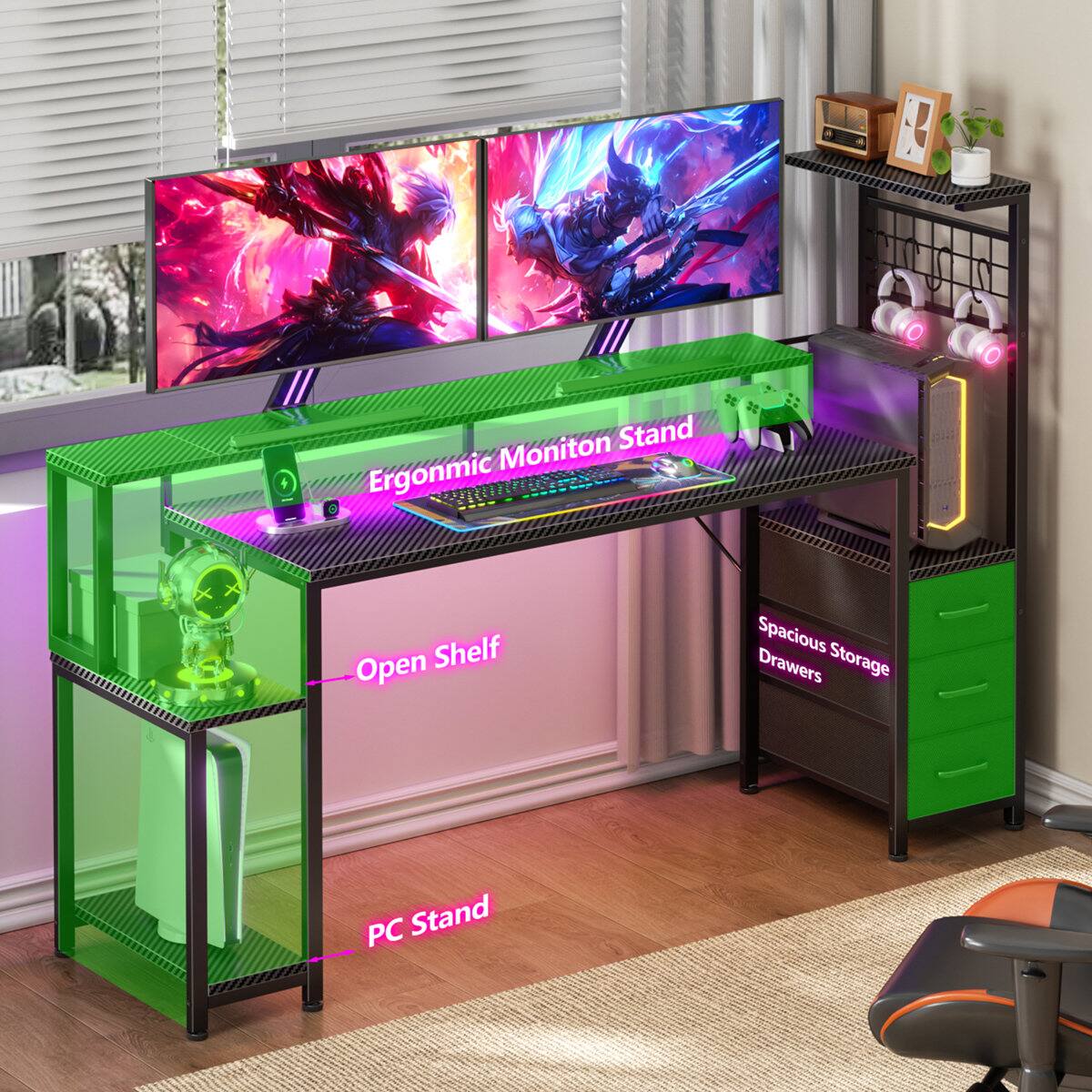 Ergonomic Monitor Stand Open Shelf Spacious Storage Drawers PC Stand