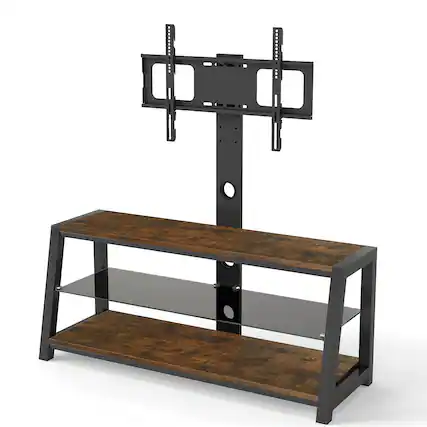 Front. Ecooso - Height Adjustable Swivel TV Stand with Storage & Tempered Glass, Universal Mount Entertainment Center - Natural.